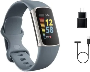 Fitbit Charge 5 Advanced Fitness Tracker with GPS, Heart Rate, Sleep & Health Tracker - Power Bundle with Adapter (Blue Stainless Steel)