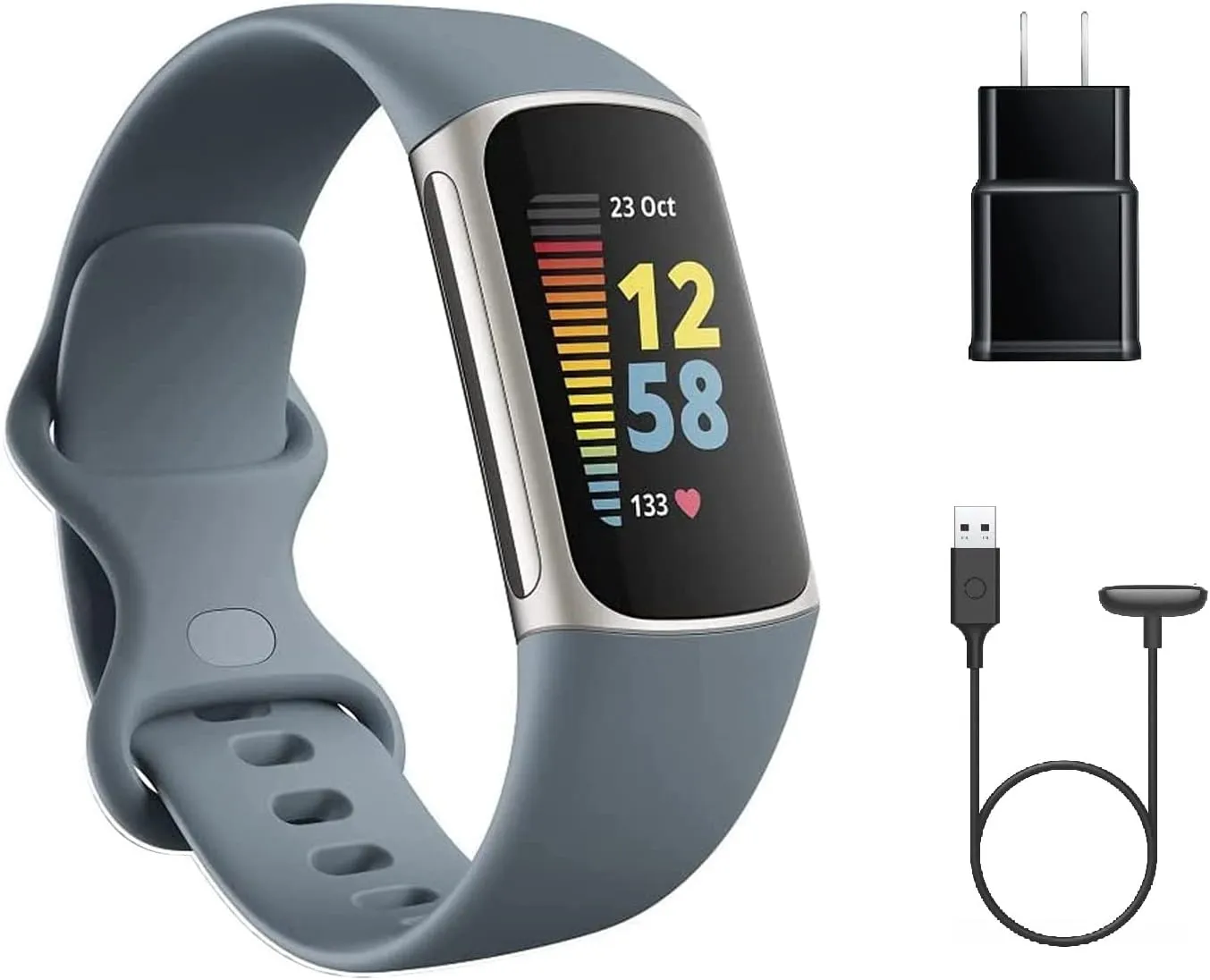 Fitbit Charge 5 Advanced Fitness Tracker with GPS, Heart Rate, Sleep & Health Tracker - Power Bundle with Adapter (Blue Stainless Steel)