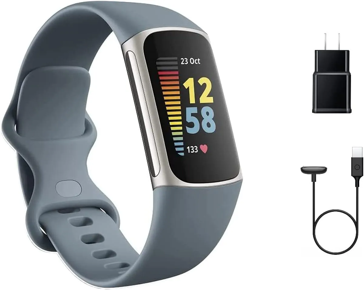 Fitbit Charge 5 Advanced Fitness Tracker with GPS, Heart Rate, Sleep & Health Tracker - Power Bundle with Adapter (Blue Stainless Steel)