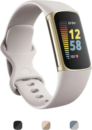 Fitbit Charge 5 Advanced Health & Fitness Tracker with Built-in GPS, Stress Management Tools, Sleep Tracking, 24/7 Heart Rate and More, Lunar White/Soft Gold, One Size (S &L Bands Included)