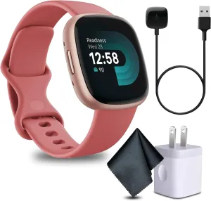 Fitbit Versa 4 Fitness Smartwatch with Daily Readiness, GPS, 24/7 Heart Rate, 40  Exercise Modes, Fit Bit Smart Watch for Men and Women, Pink Sand/Copper Rose Bundle with Cleaning Cloth and Charger