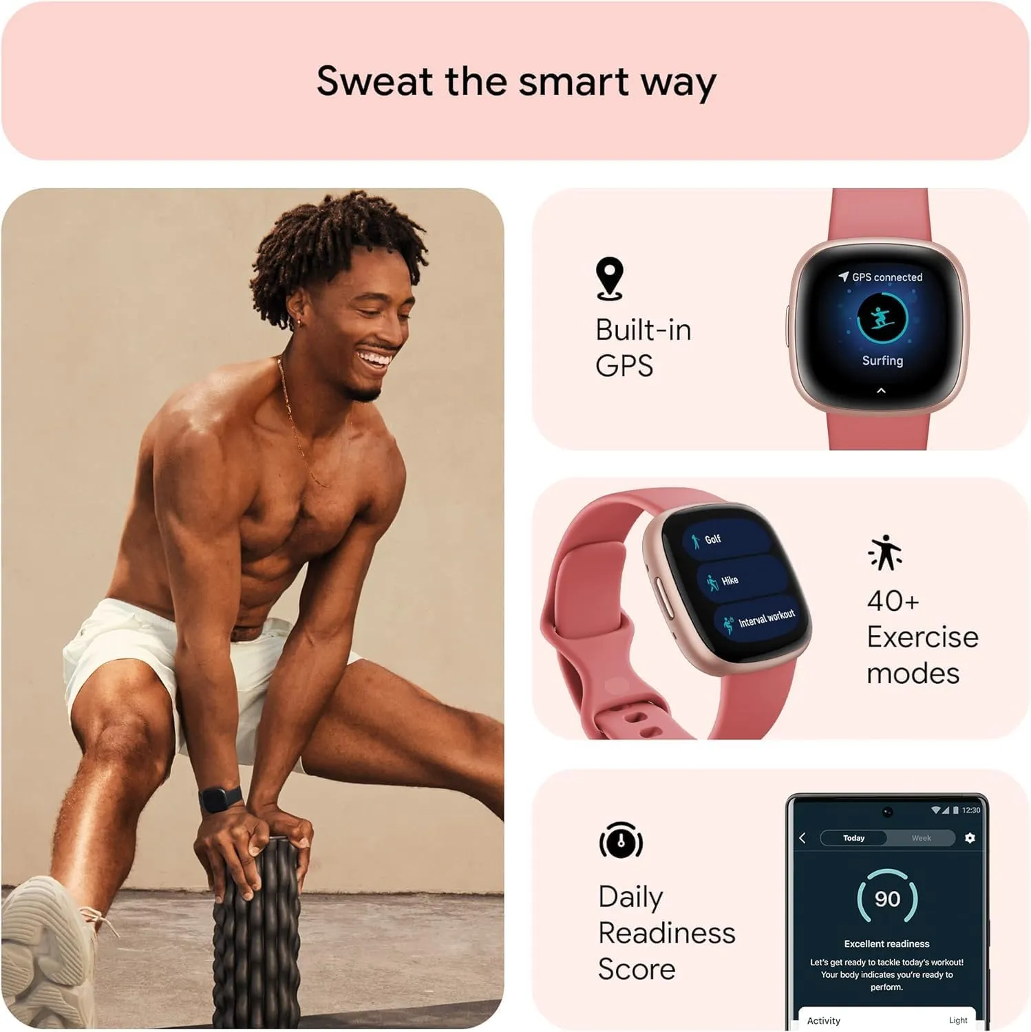 Fitbit Versa 4 Fitness Smartwatch with Daily Readiness, GPS, 24/7 Heart Rate, 40  Exercise Modes, Fit Bit Smart Watch for Men and Women, Pink Sand/Copper Rose Bundle with Cleaning Cloth and Charger