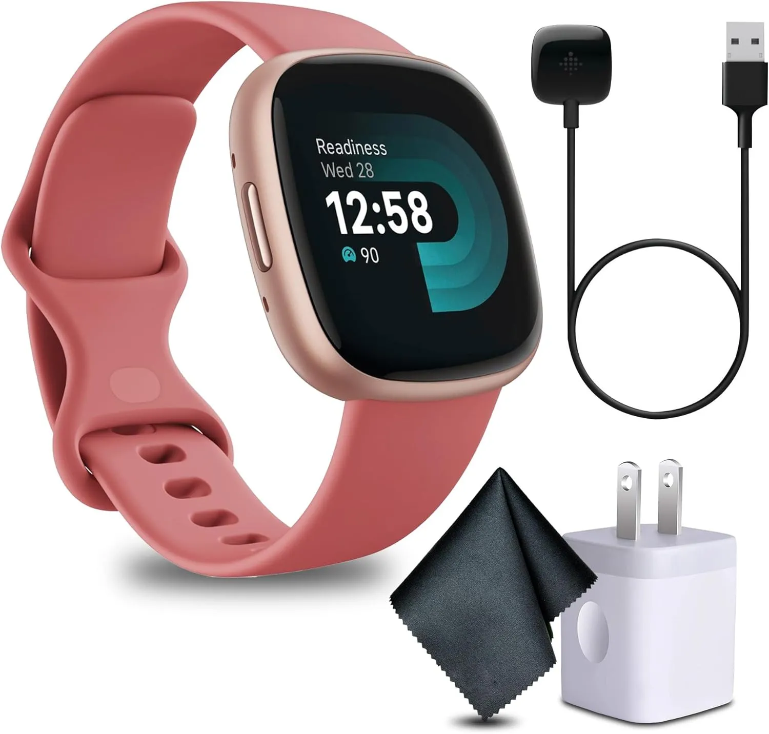 Fitbit Versa 4 Fitness Smartwatch with Daily Readiness, GPS, 24/7 Heart Rate, 40  Exercise Modes, Fit Bit Smart Watch for Men and Women, Pink Sand/Copper Rose Bundle with Cleaning Cloth and Charger