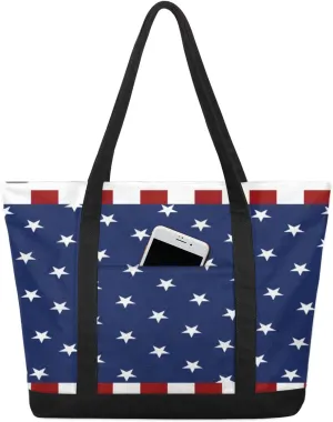 Flag Stars Design Canvas Tote Bag Casual Shoulder Handbag Large Shopping Bags With 5 Pocket Carry On Weekender Backpack for Women Travel Work Gifts Duffle Grocery Compartment