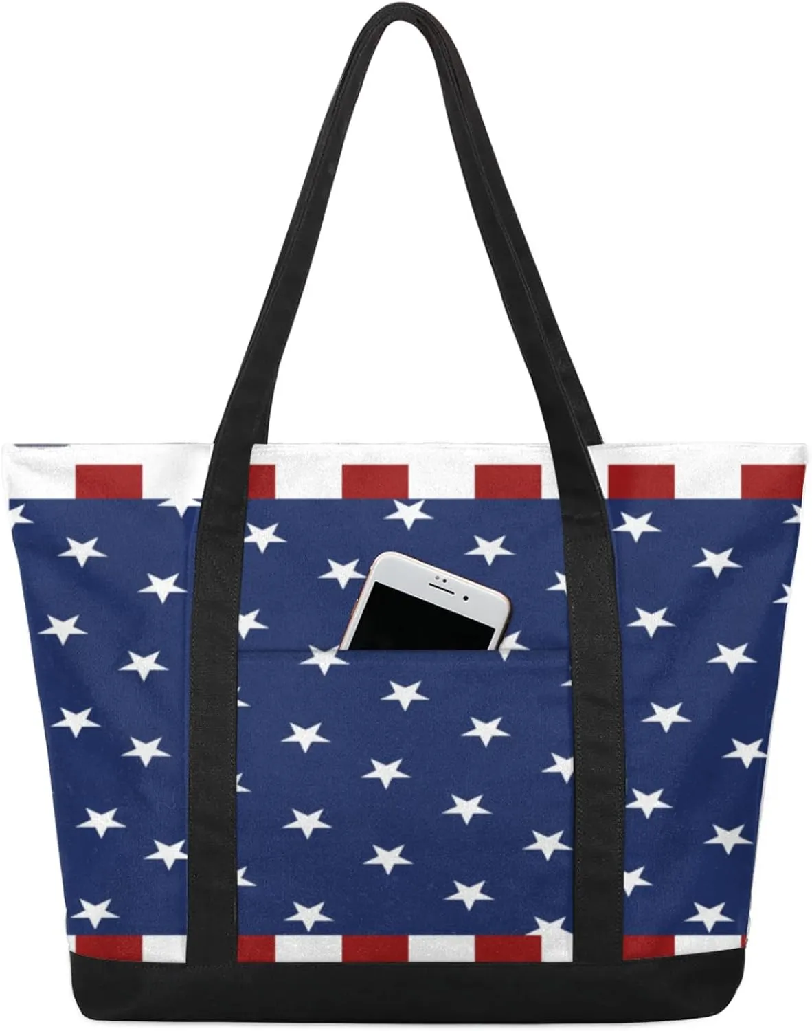 Flag Stars Design Canvas Tote Bag Casual Shoulder Handbag Large Shopping Bags With 5 Pocket Carry On Weekender Backpack for Women Travel Work Gifts Duffle Grocery Compartment