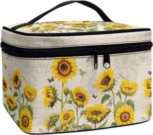 Flashideas Sunflower Cosmetic Pouch Cosmetic Organizer Storage Case Makeup Organizer Bag for Travel Easy to Take with Handle for Jewelry, Lipstick, Cosmetic Box