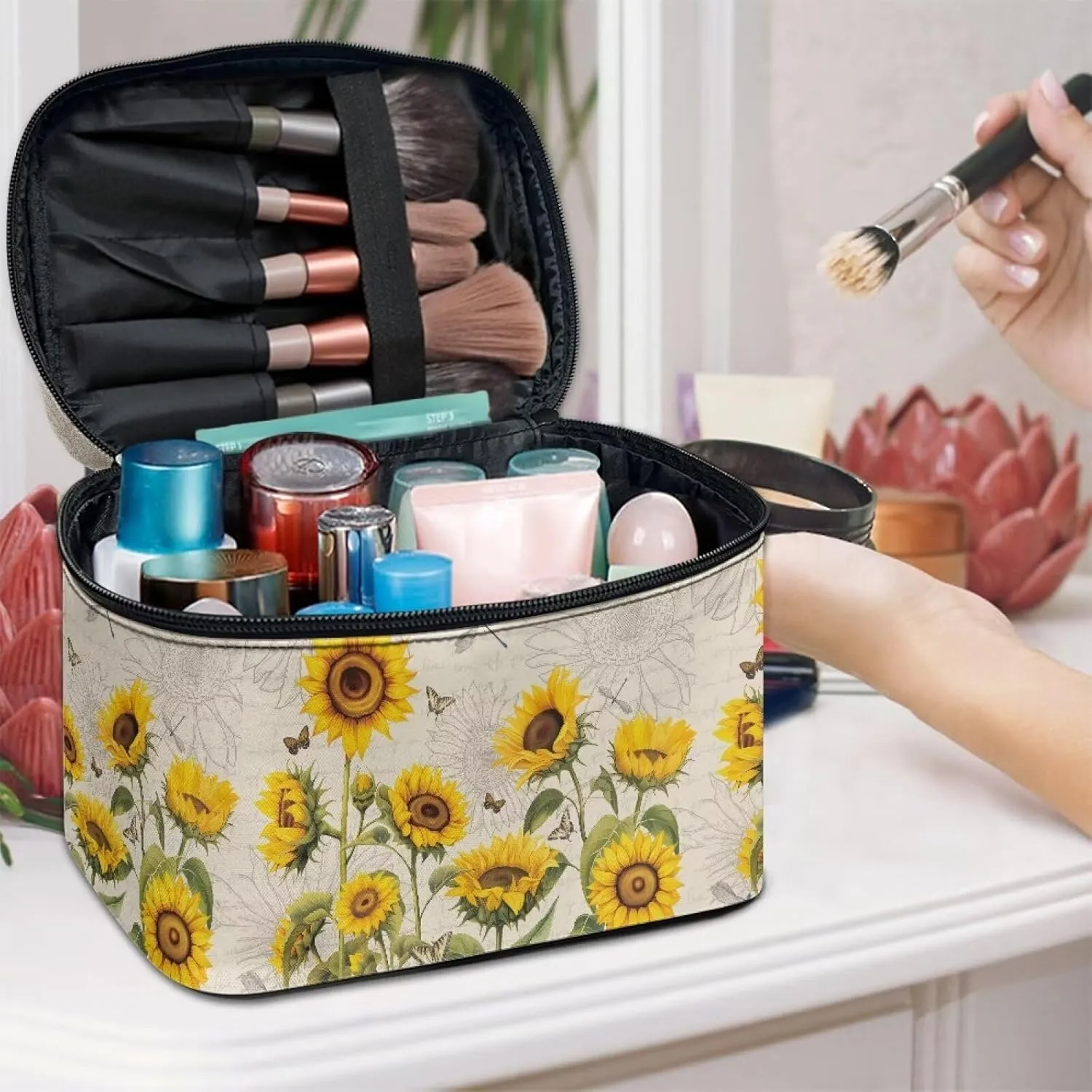 Flashideas Sunflower Cosmetic Pouch Cosmetic Organizer Storage Case Makeup Organizer Bag for Travel Easy to Take with Handle for Jewelry, Lipstick, Cosmetic Box
