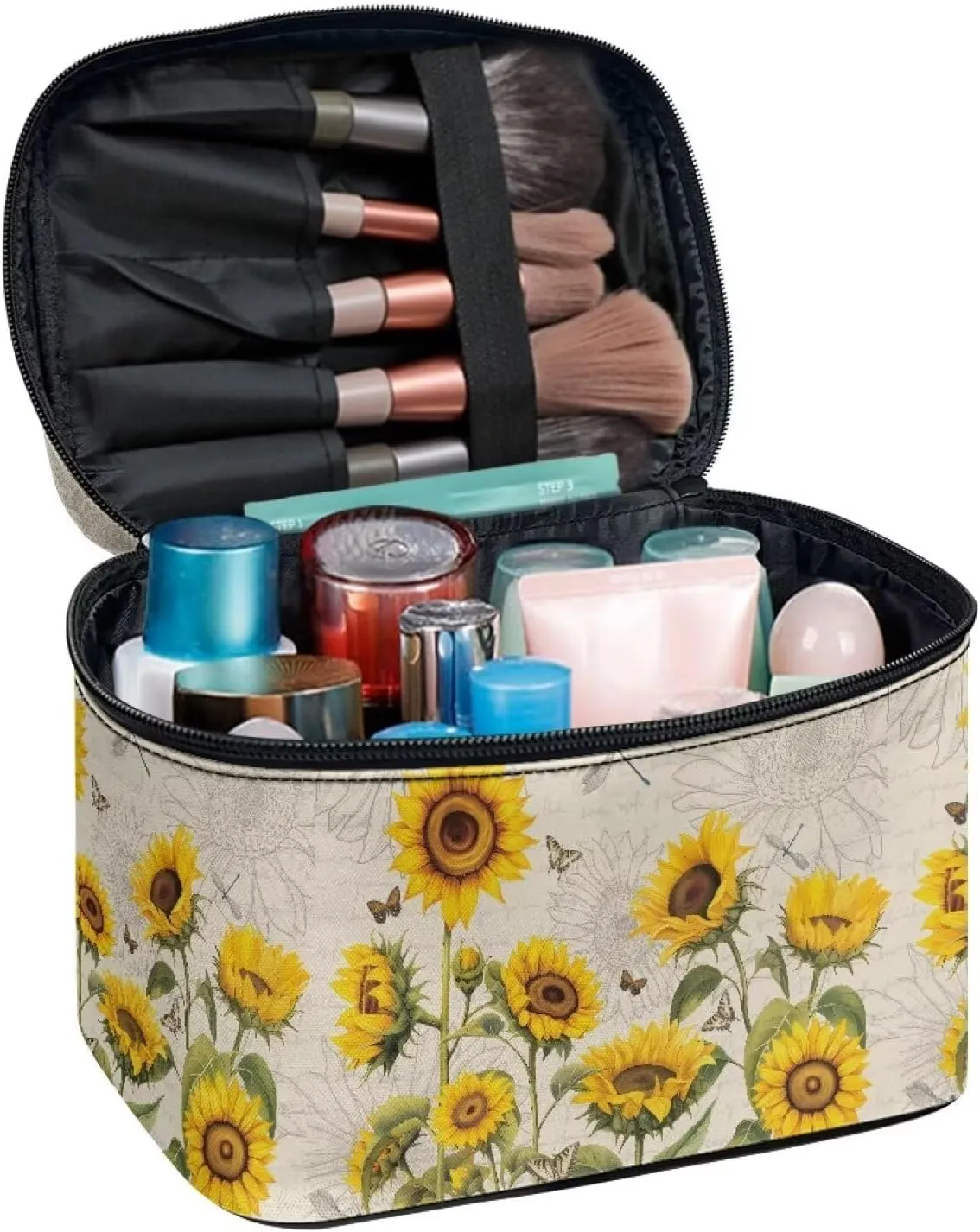 Flashideas Sunflower Cosmetic Pouch Cosmetic Organizer Storage Case Makeup Organizer Bag for Travel Easy to Take with Handle for Jewelry, Lipstick, Cosmetic Box