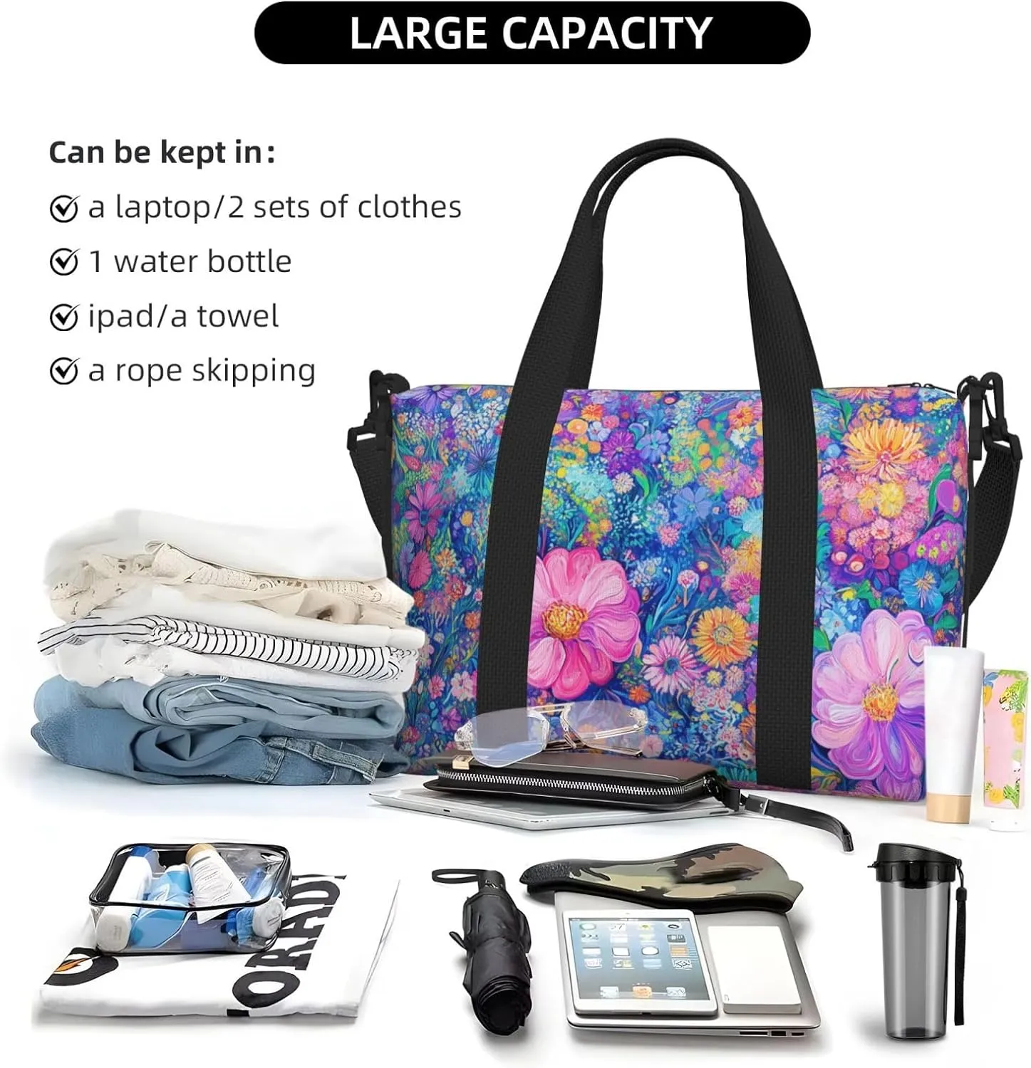 flowers pink print Travel Duffel Bag, Sports Tote Gym Bag, Swim Pool Bag Large Shoulder Tote Bag for Beach Weekender