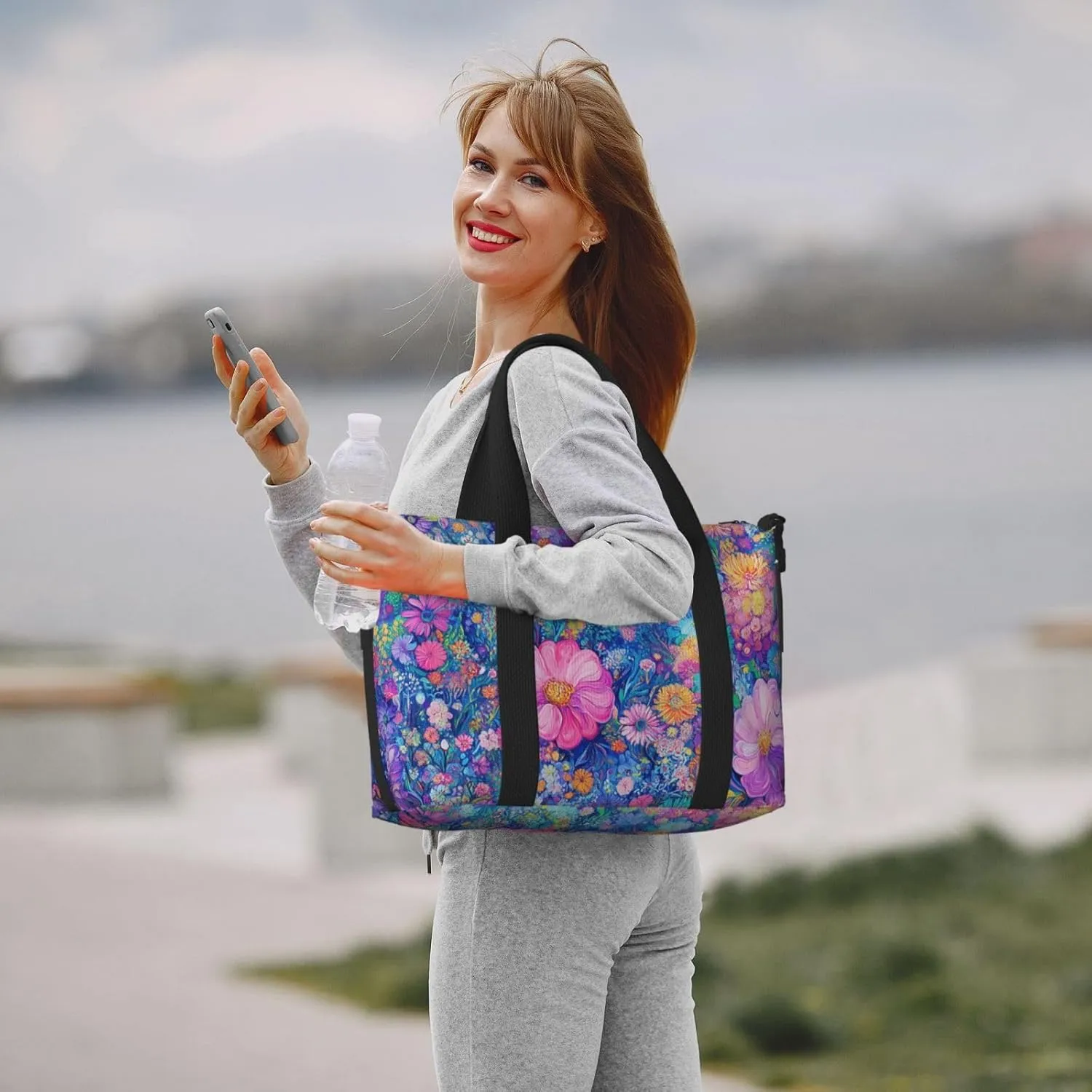 flowers pink print Travel Duffel Bag, Sports Tote Gym Bag, Swim Pool Bag Large Shoulder Tote Bag for Beach Weekender