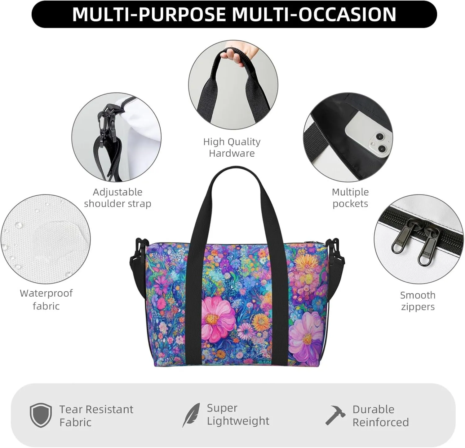 flowers pink print Travel Duffel Bag, Sports Tote Gym Bag, Swim Pool Bag Large Shoulder Tote Bag for Beach Weekender