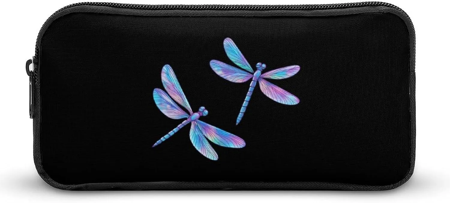 Flying Dragonflies Laser Color Pencil Case Makeup Bag Easy to Clean Portable Pencil Pouch Office Organizer