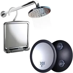 Fogless Shower Mirror for Shaving with Razor Holder and Dual Anti Fog Design - Hook for Hanging (Chrome) & 30X Magnifying Makeup Mirror - Stick On, Ultra Portable Travel Cosmetic Mirror Bundle