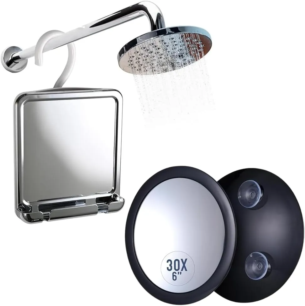 Fogless Shower Mirror for Shaving with Razor Holder and Dual Anti Fog Design - Hook for Hanging (Chrome) & 30X Magnifying Makeup Mirror - Stick On, Ultra Portable Travel Cosmetic Mirror Bundle
