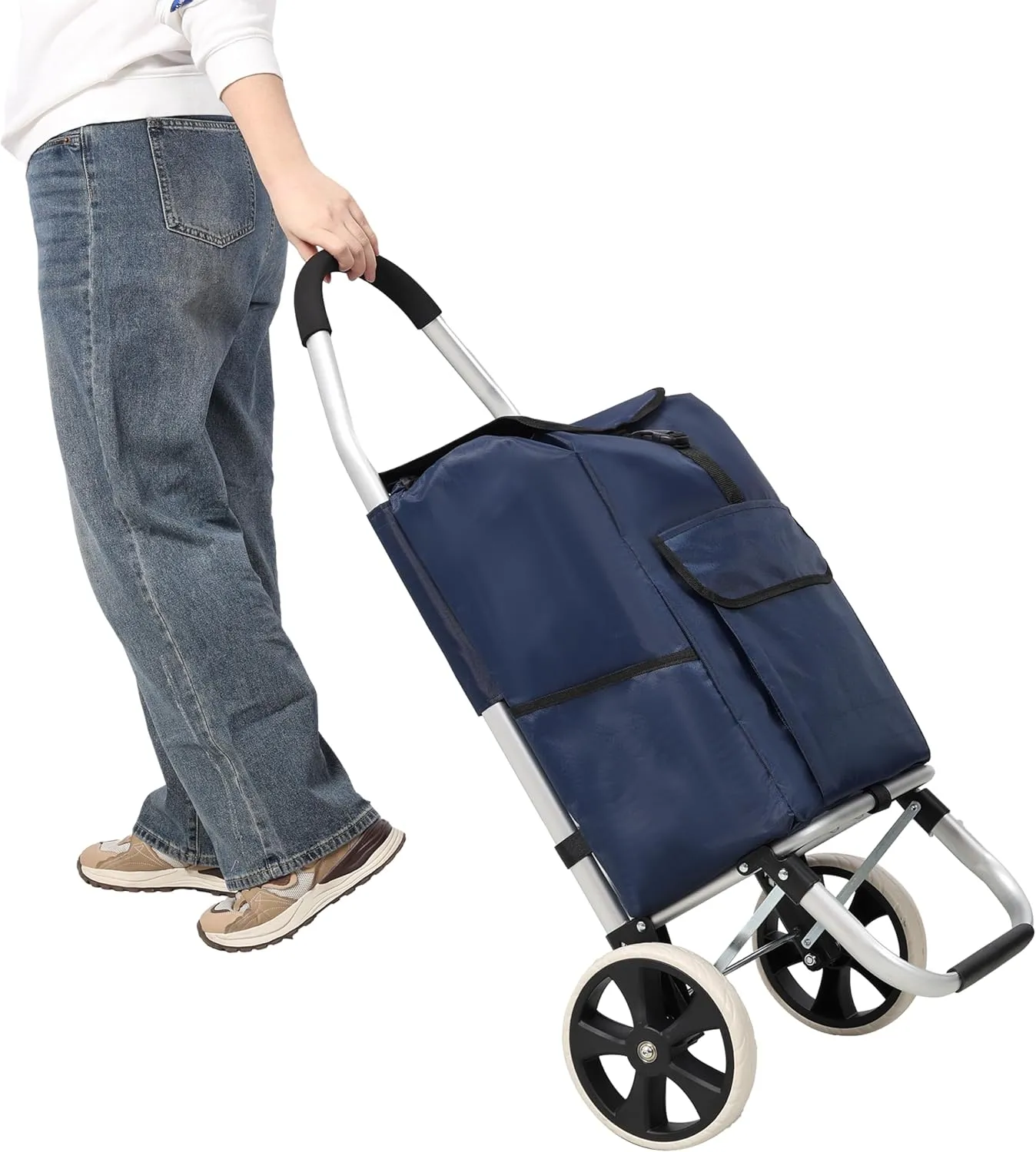 Folding Shopping Trolleys on Wheels - Mobile Grocery Trolley, Laundry trolleys and Shopping Trolley with Removable Oxford Waterproof Bag and Stainless Steel Triangular (Black   Aluminium)