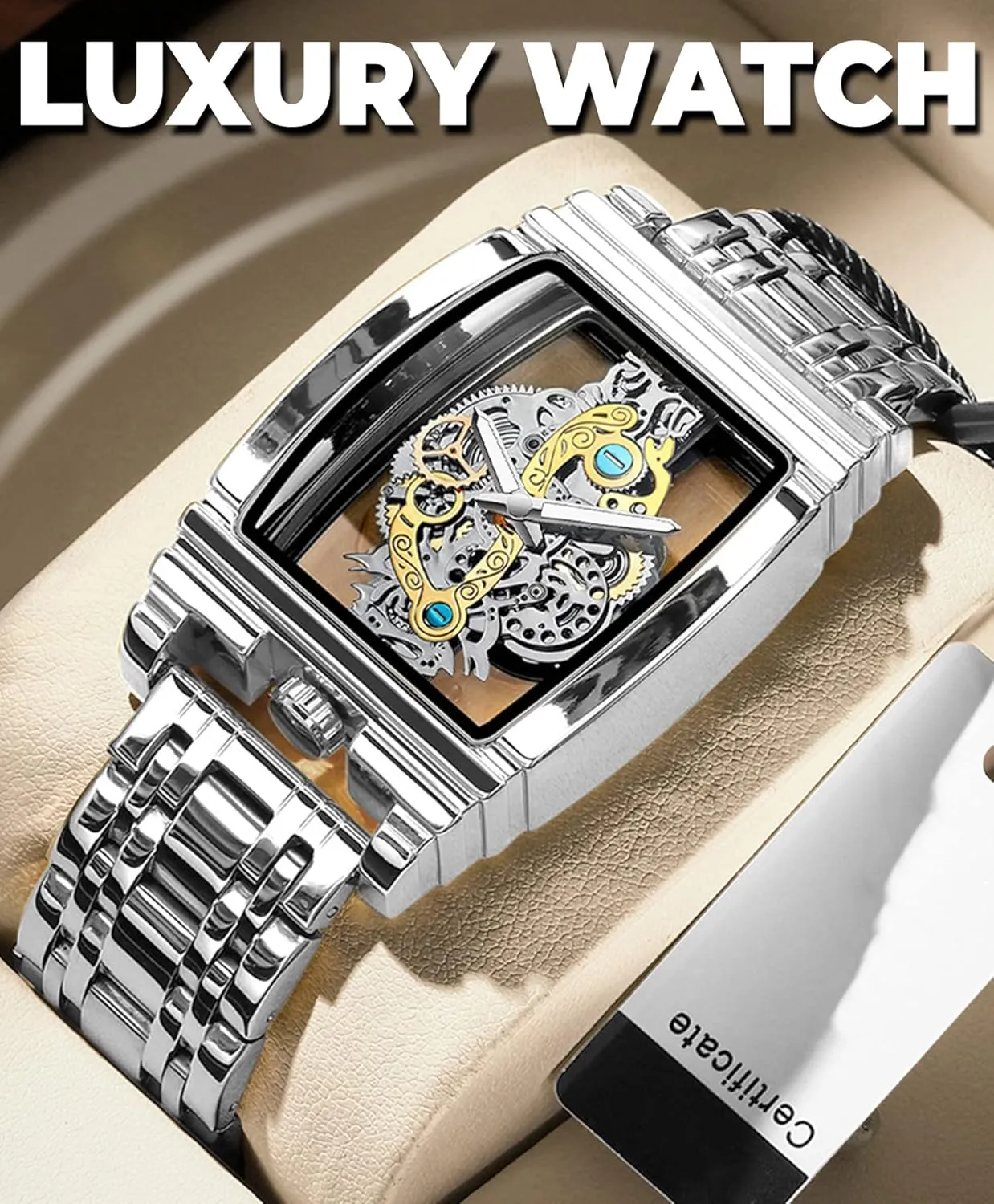 FORSINING Men's Luxury Hollow Skeleton Watch Retro Gorgeous Gear Carving Design Rectangle Tonneau Large Dial Leather Belt & Stainless Steel Band Quartz Wristwatch Not Mechanical Watches