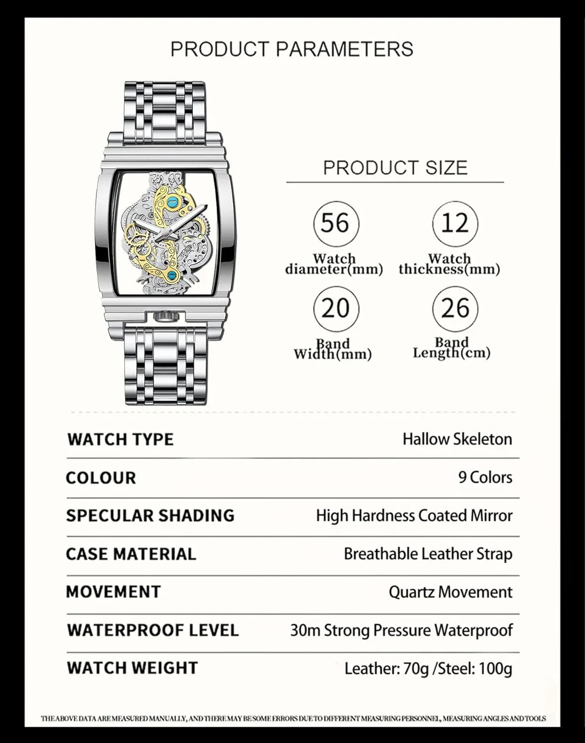 FORSINING Men's Luxury Hollow Skeleton Watch Retro Gorgeous Gear Carving Design Rectangle Tonneau Large Dial Leather Belt & Stainless Steel Band Quartz Wristwatch Not Mechanical Watches