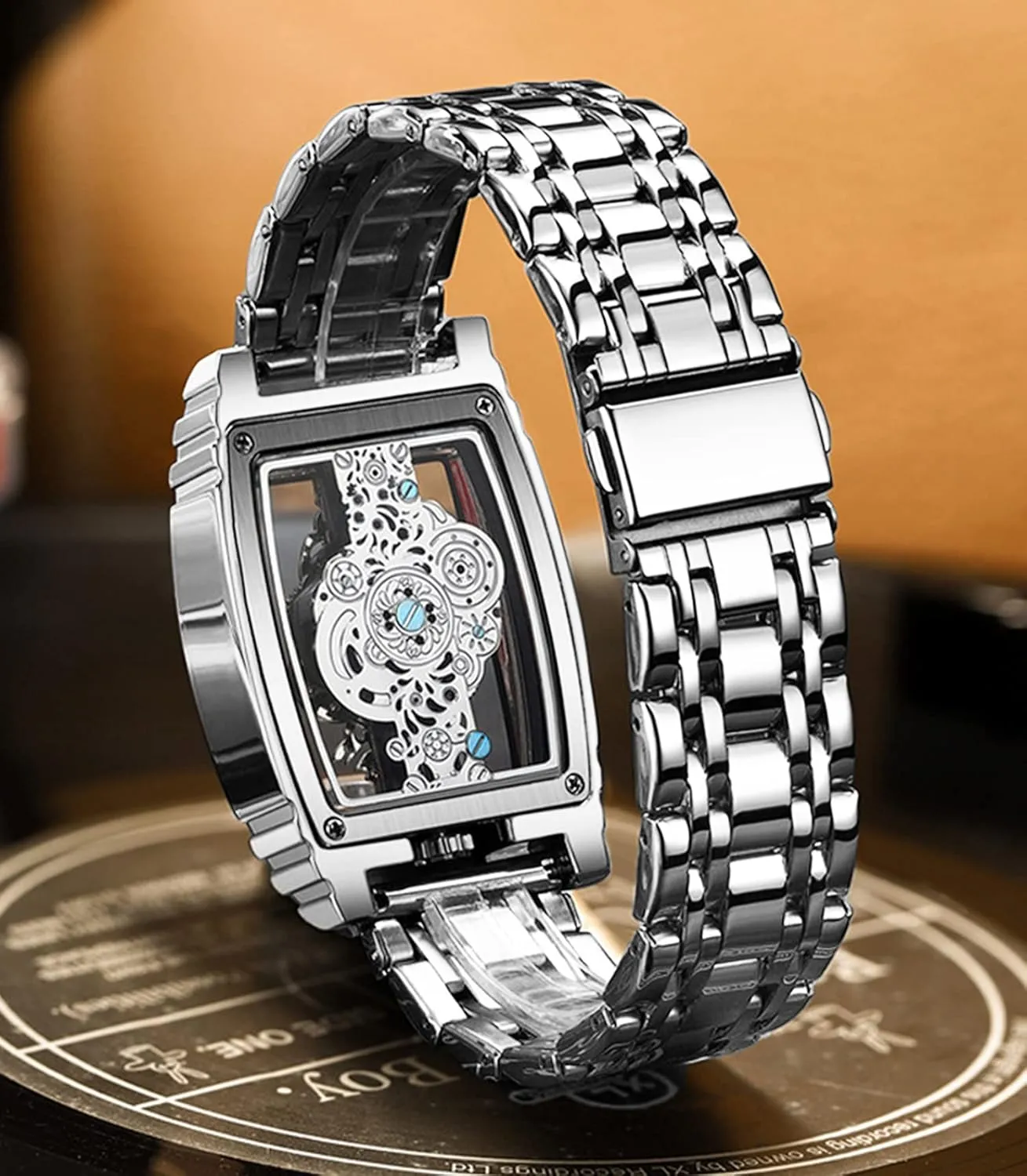 FORSINING Men's Luxury Hollow Skeleton Watch Retro Gorgeous Gear Carving Design Rectangle Tonneau Large Dial Leather Belt & Stainless Steel Band Quartz Wristwatch Not Mechanical Watches