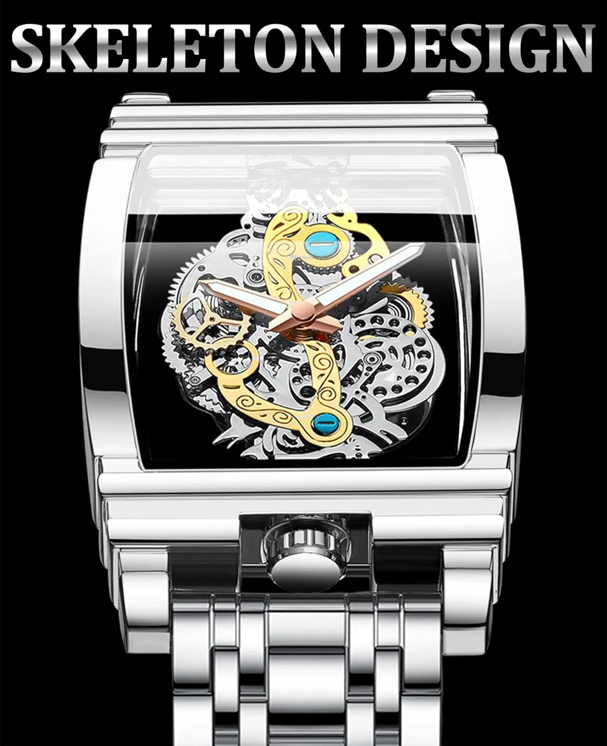 FORSINING Men's Luxury Hollow Skeleton Watch Retro Gorgeous Gear Carving Design Rectangle Tonneau Large Dial Leather Belt & Stainless Steel Band Quartz Wristwatch Not Mechanical Watches