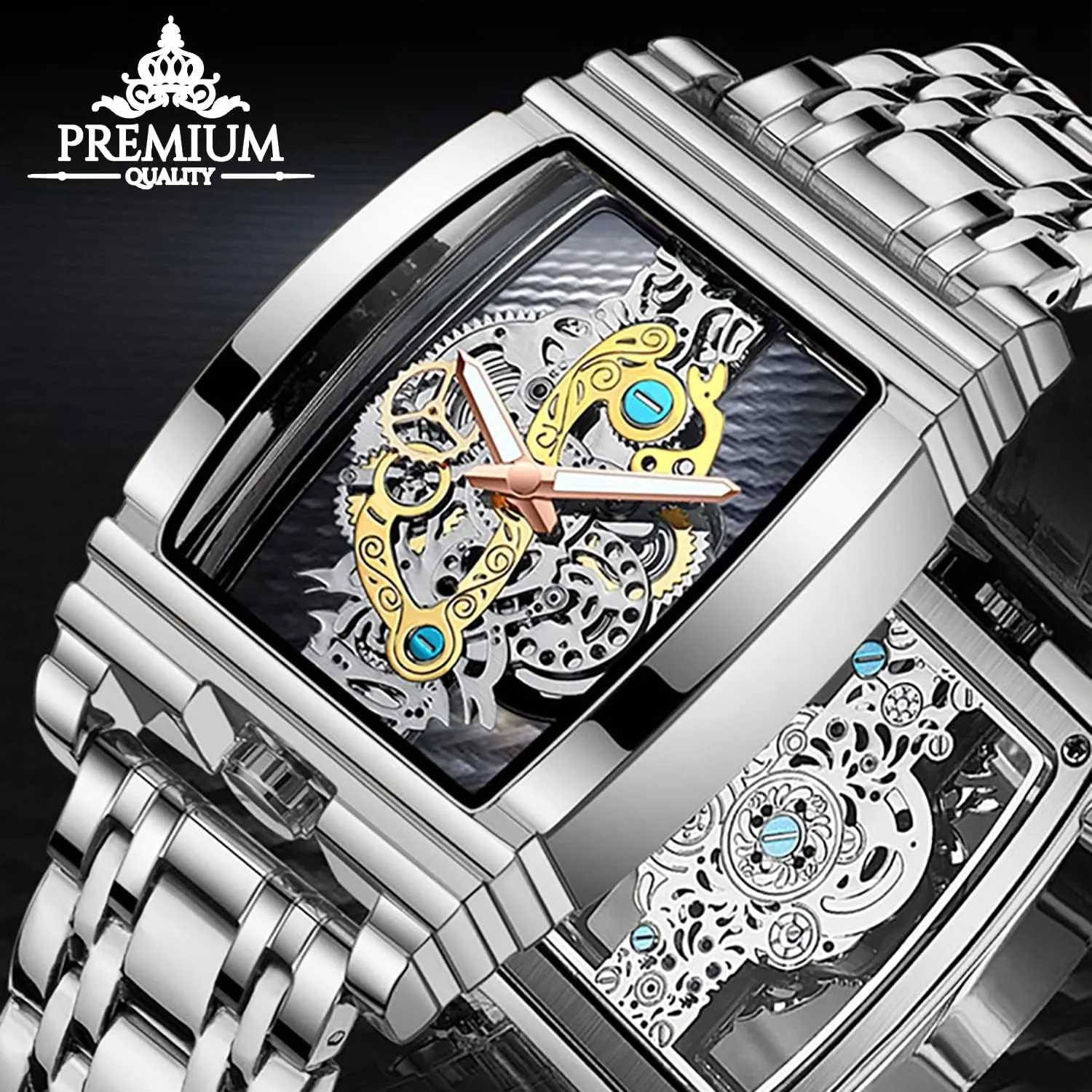 FORSINING Men's Luxury Hollow Skeleton Watch Retro Gorgeous Gear Carving Design Rectangle Tonneau Large Dial Leather Belt & Stainless Steel Band Quartz Wristwatch Not Mechanical Watches