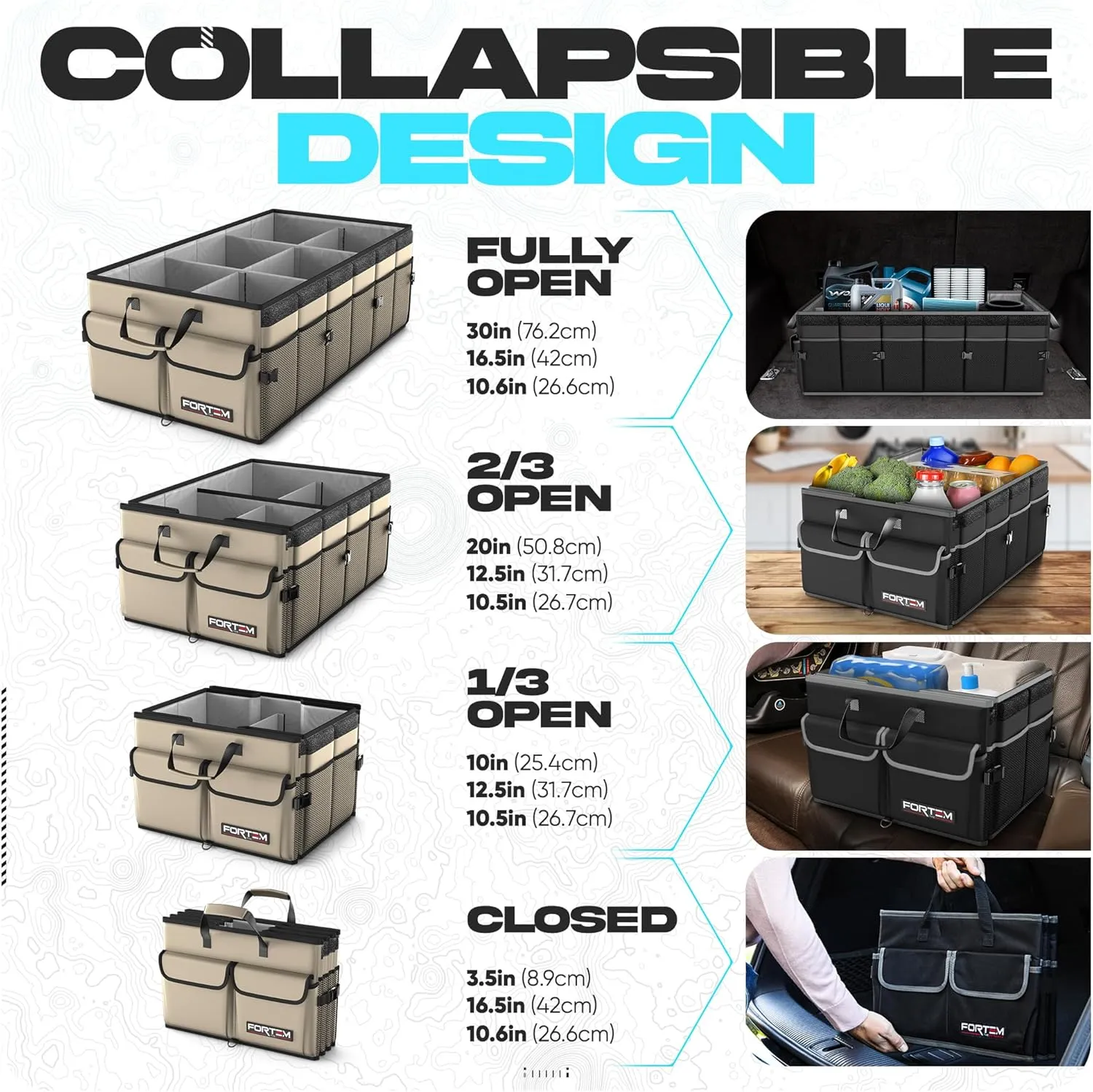 FORTEM Car Trunk Organizer with Cooler, Collapsible Multi Compartment SUV Organizer, Foldable Storage for Car Accessories for Women Men, 600D Oxford, Non Slip Bottom, Securing Straps Soft Cover (105L)