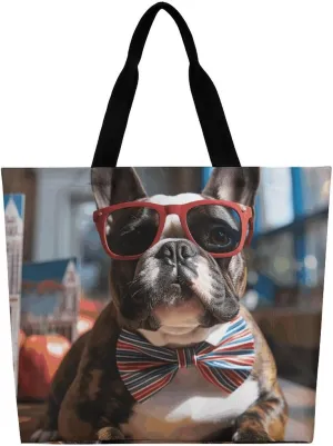French Bulldog Wearing Sunglasses Tote Bag Large Women Casual Shoulder Bag Reusable Grocery Bag Fasion Handbag for Office Shopping Travel