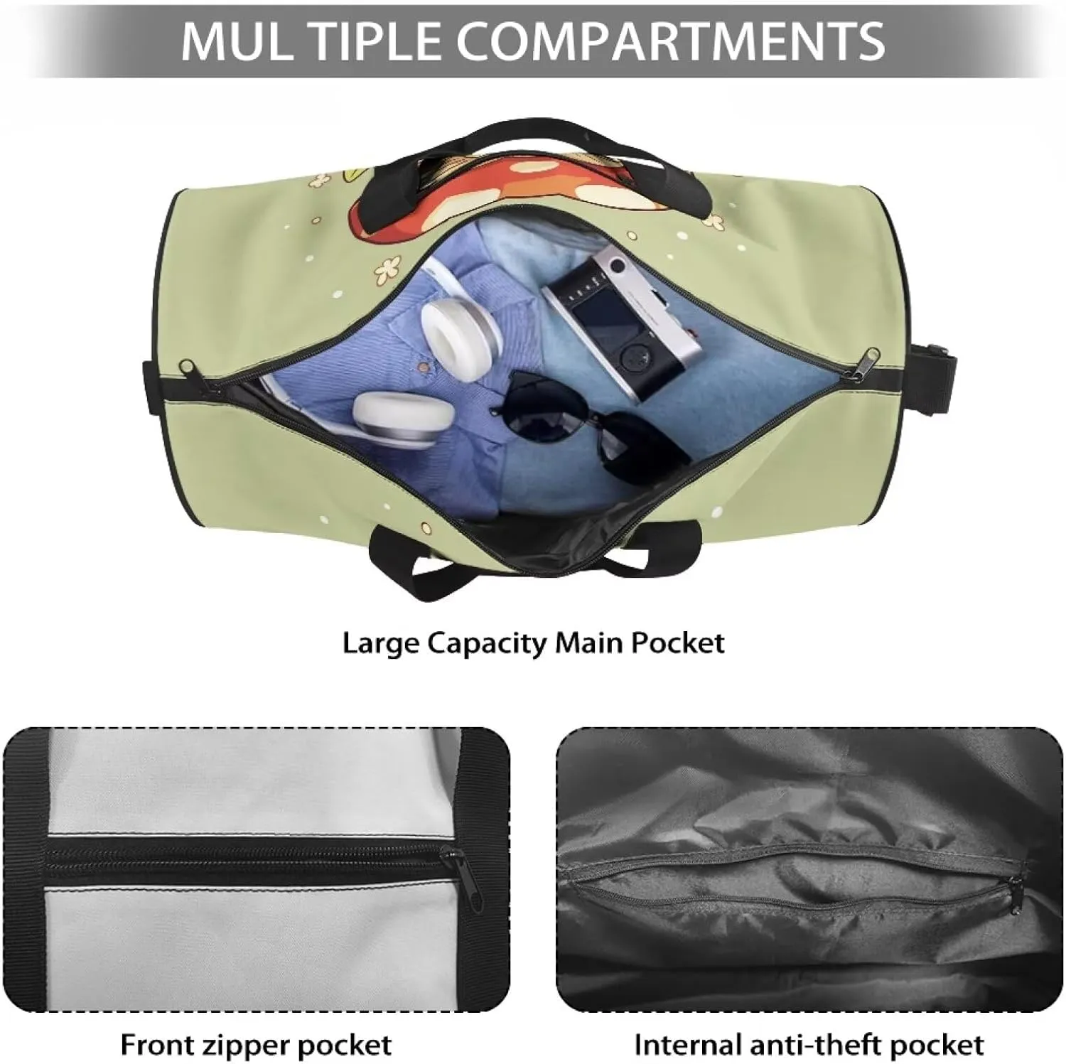 Frog Mushroom Large Capacity Travel Bag Crossbody Bag Weekend Duffel Bag Women Shoulder Messenger Bag Canvas Handbag