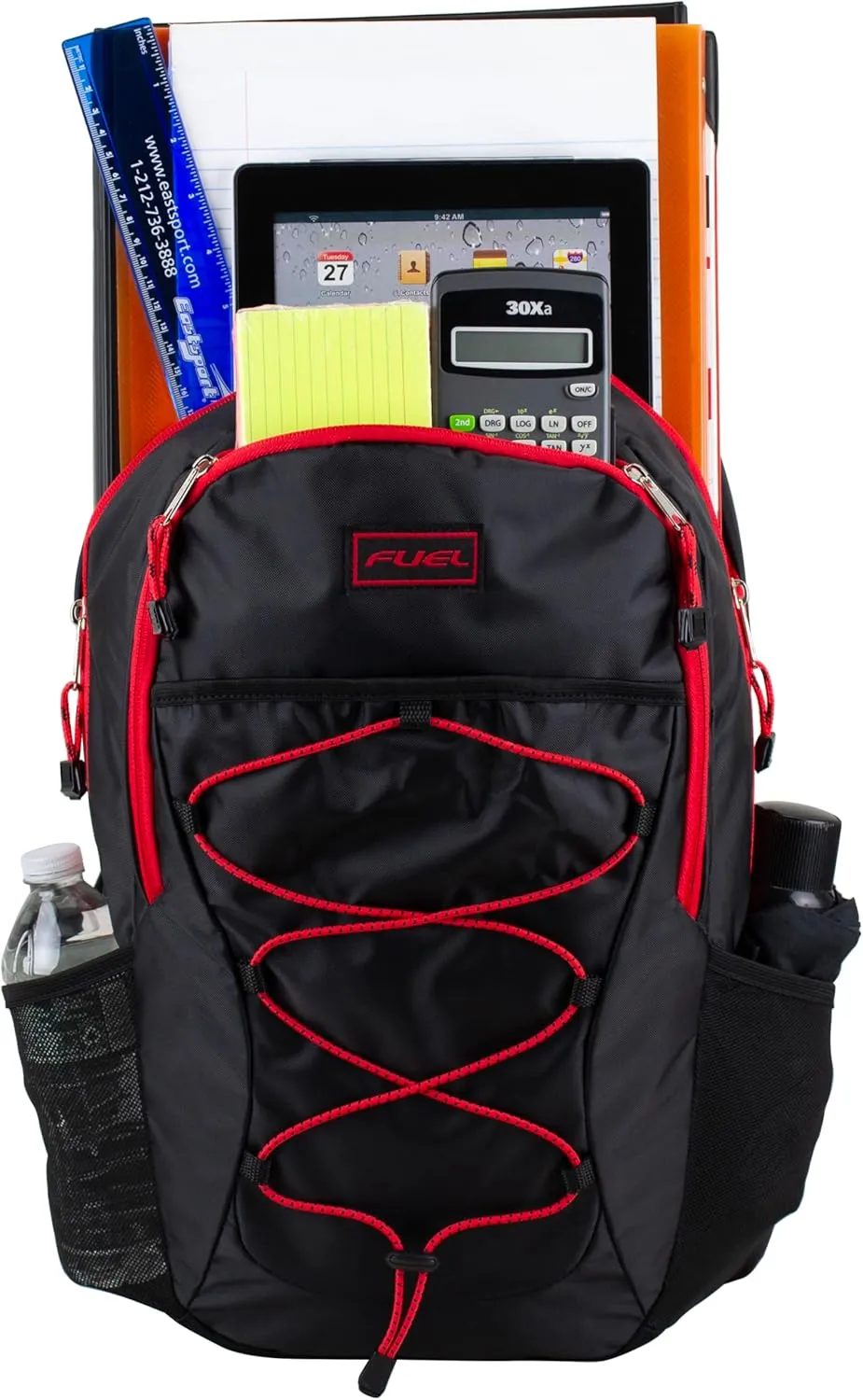 FUEL Rider Sport Hiking Backpack Laptop Travel Carry On Luggage Daypack Bag, Bungee for Travel, Leisure, Outdoors, Black w/Red