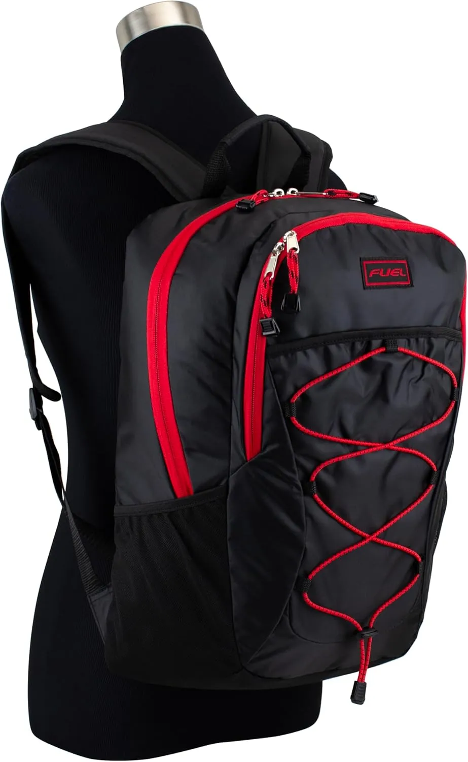 FUEL Rider Sport Hiking Backpack Laptop Travel Carry On Luggage Daypack Bag, Bungee for Travel, Leisure, Outdoors, Black w/Red