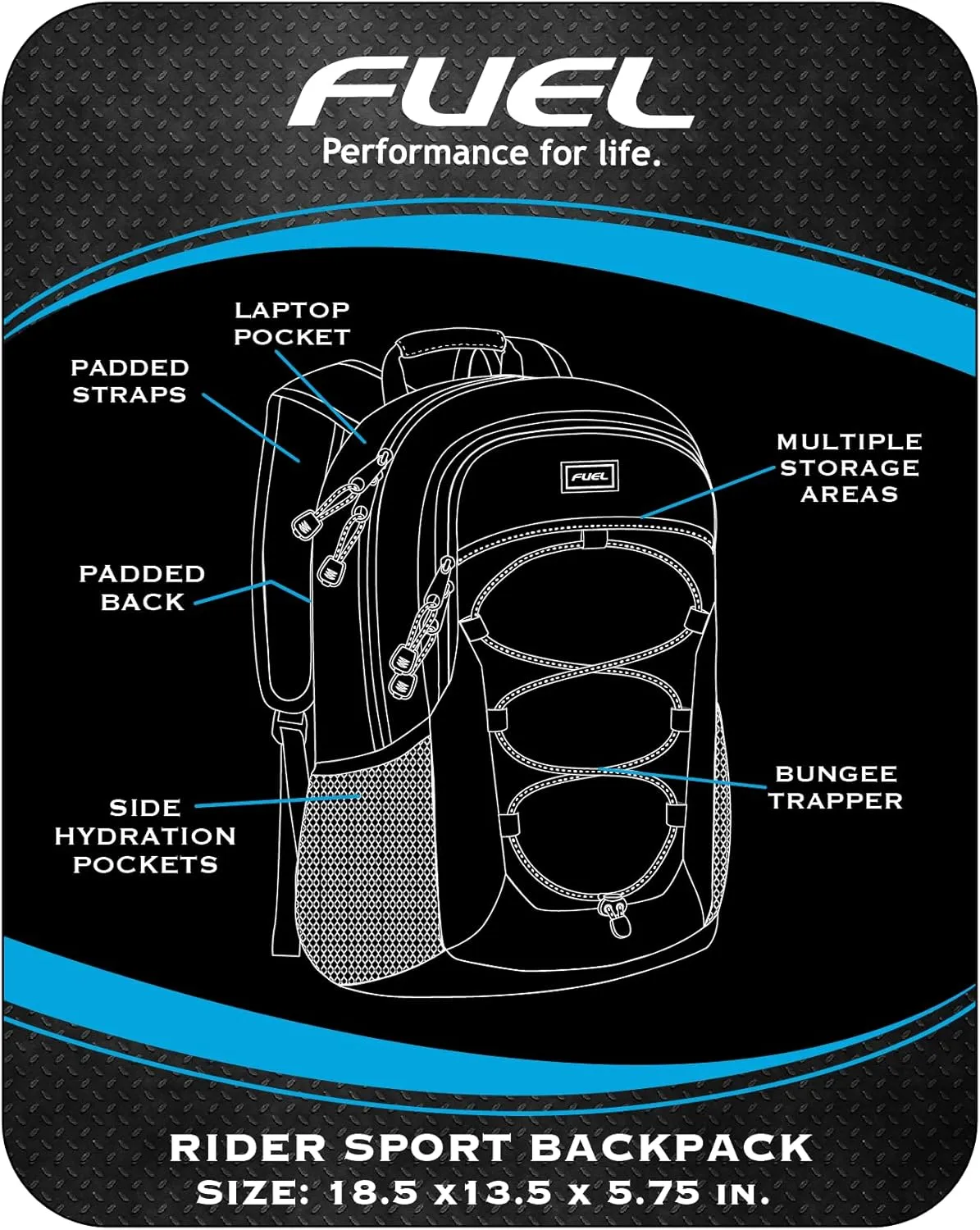 FUEL Rider Sport Hiking Backpack Laptop Travel Carry On Luggage Daypack Bag, Bungee for Travel, Leisure, Outdoors, Black w/Red