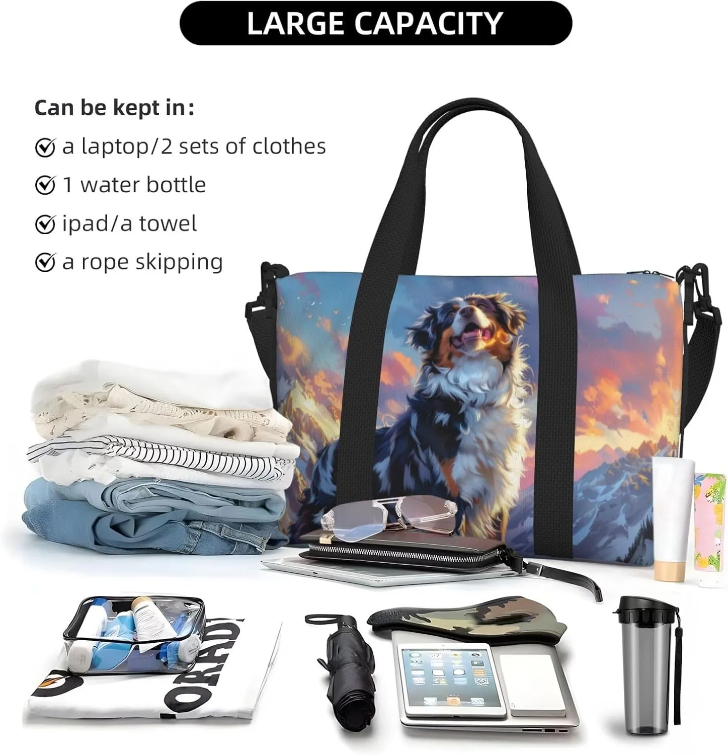 full body Australian Shepherd print Travel Duffel Bag, Sports Tote Gym Bag, Swim Pool Bag Large Shoulder Tote Bag for Beach Weekender