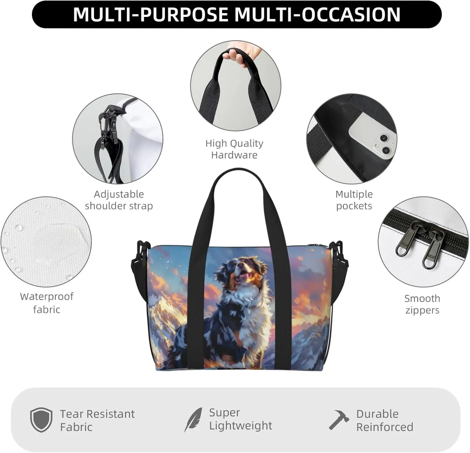 full body Australian Shepherd print Travel Duffel Bag, Sports Tote Gym Bag, Swim Pool Bag Large Shoulder Tote Bag for Beach Weekender