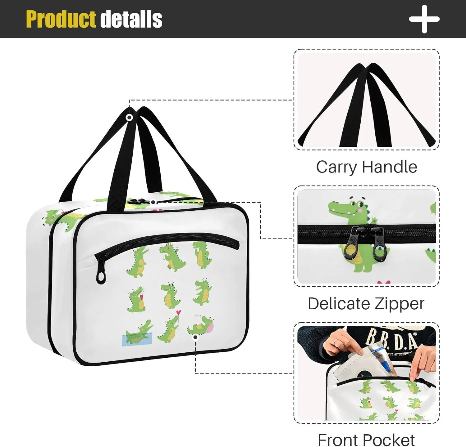 Funny Green Crocodiles with Different Actions Cute Alligator Predator Women's Portable Makeup Bag with Handle Cosmetic Bag, Twill Cloth Travel Cosmetic Bag, Polyester Toiletry Bag for Women M Size
