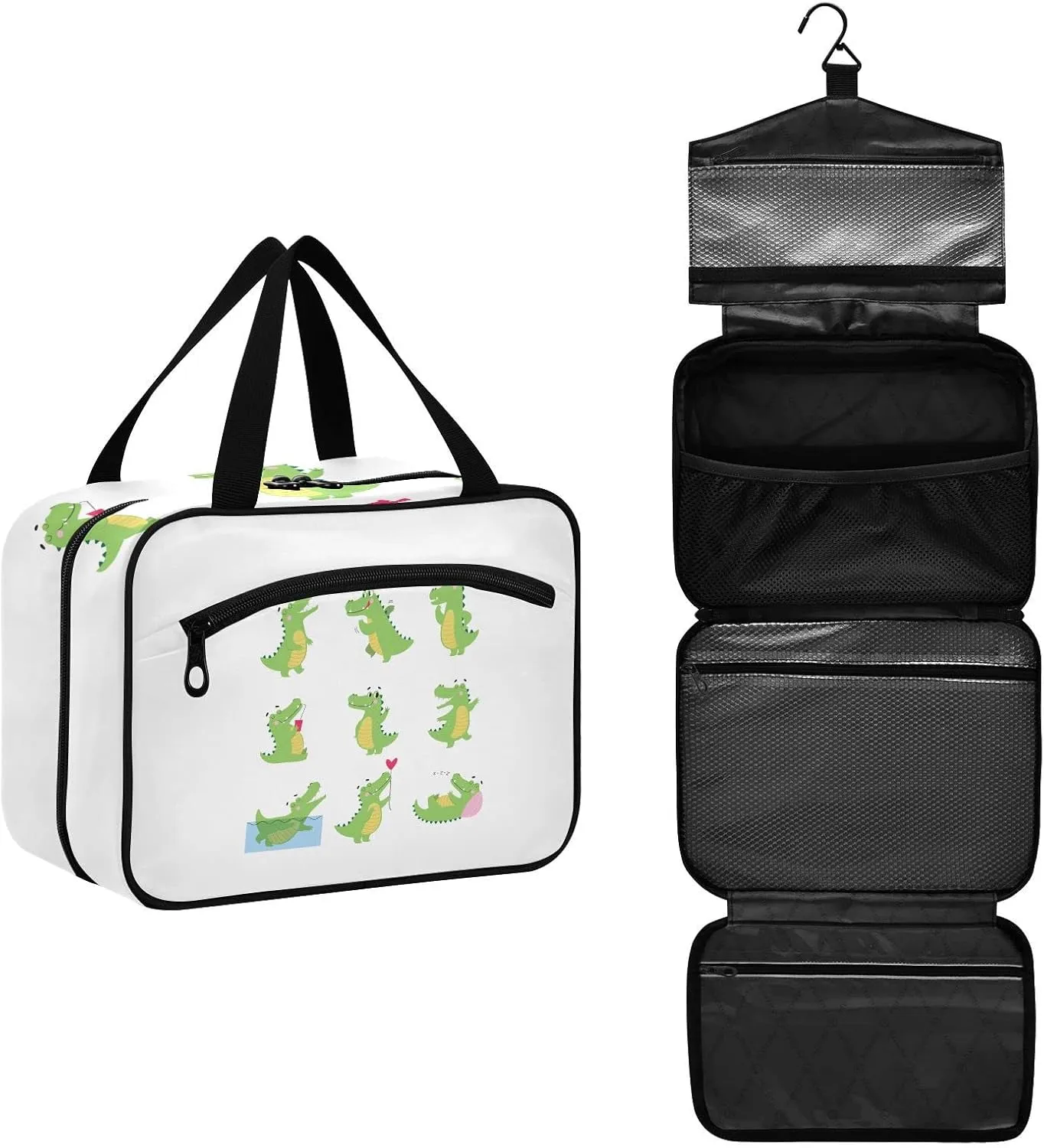 Funny Green Crocodiles with Different Actions Cute Alligator Predator Women's Portable Makeup Bag with Handle Cosmetic Bag, Twill Cloth Travel Cosmetic Bag, Polyester Toiletry Bag for Women M Size