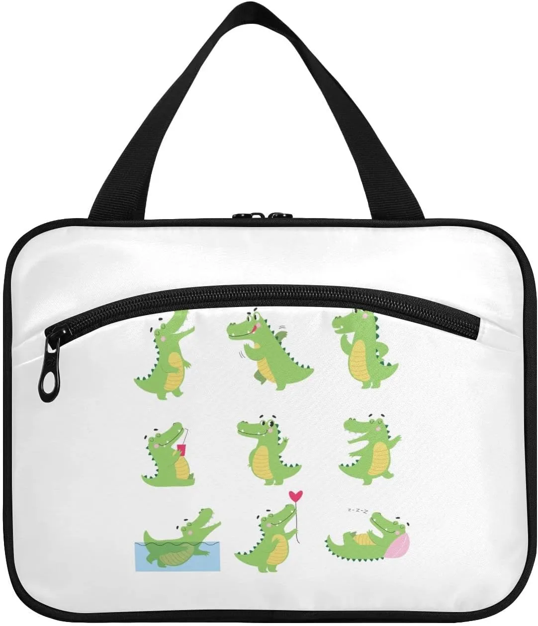 Funny Green Crocodiles with Different Actions Cute Alligator Predator Women's Portable Makeup Bag with Handle Cosmetic Bag, Twill Cloth Travel Cosmetic Bag, Polyester Toiletry Bag for Women M Size