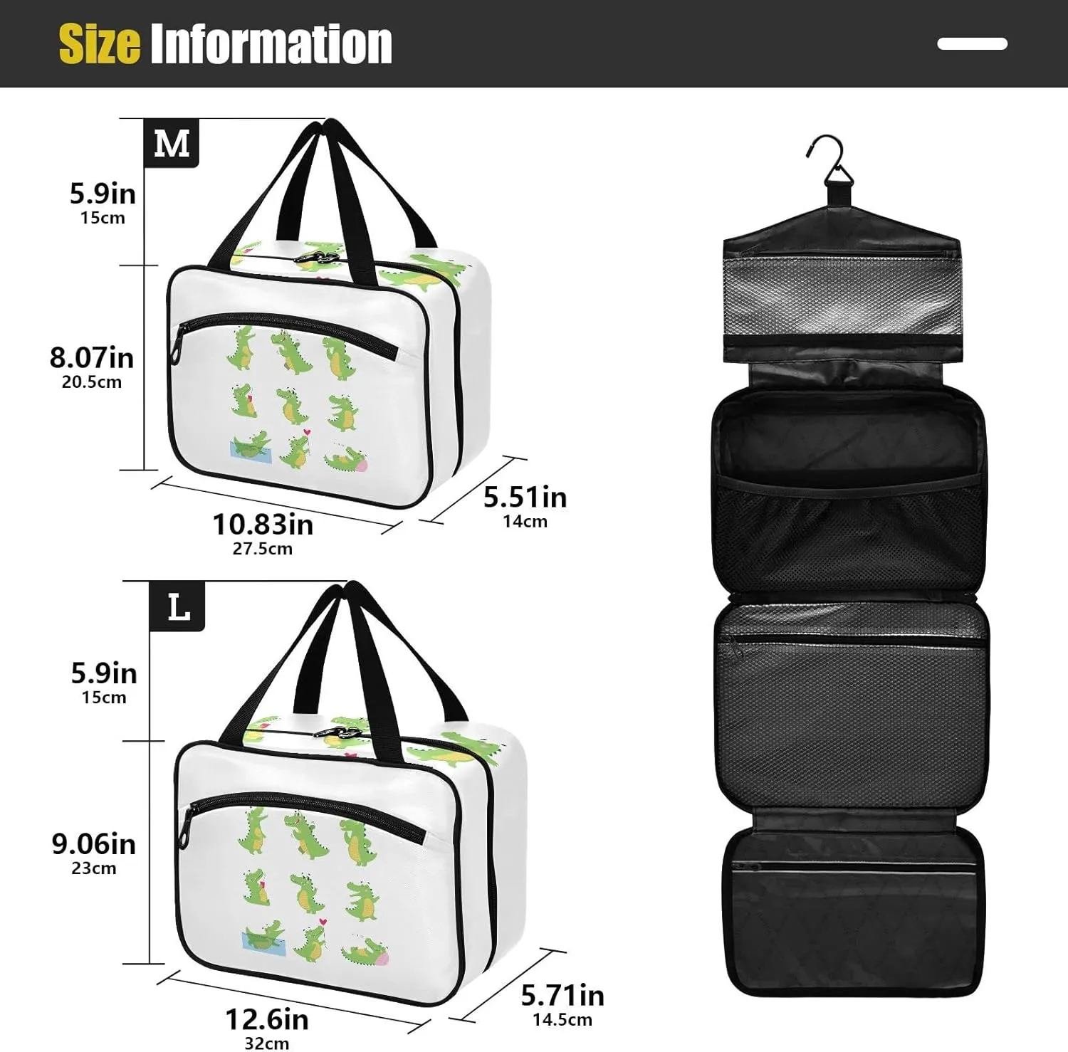 Funny Green Crocodiles with Different Actions Cute Alligator Predator Women's Portable Makeup Bag with Handle Cosmetic Bag, Twill Cloth Travel Cosmetic Bag, Polyester Toiletry Bag for Women M Size