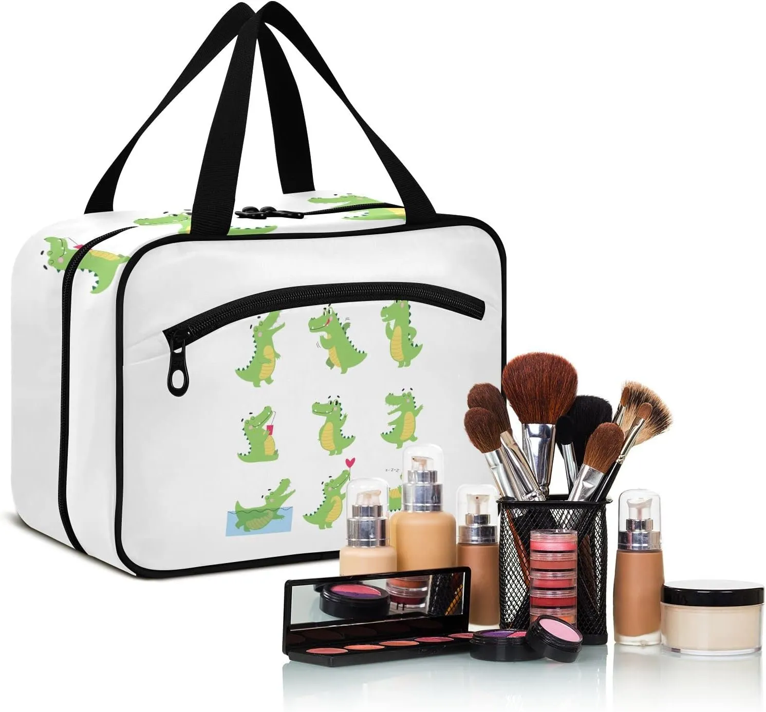 Funny Green Crocodiles with Different Actions Cute Alligator Predator Women's Portable Makeup Bag with Handle Cosmetic Bag, Twill Cloth Travel Cosmetic Bag, Polyester Toiletry Bag for Women M Size