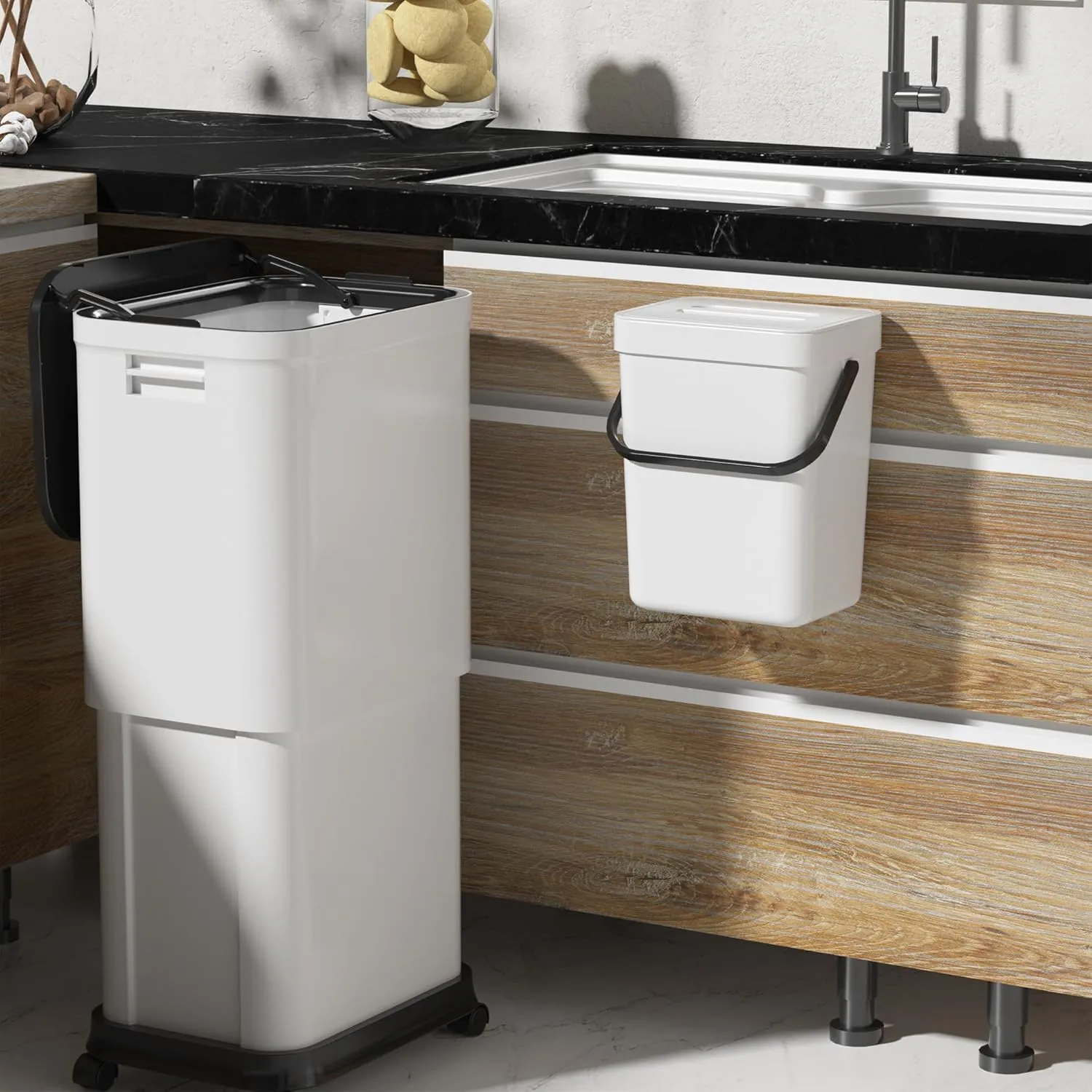 Garbage Can with Wheels,20L-45L Adjustable Capacity Kitchen Trash Can with Lid and 5L Mini Countertop Compost Bin Set, Plastic Trash can for Bathroom, Bedroom, Office (45Liters   5Liters)