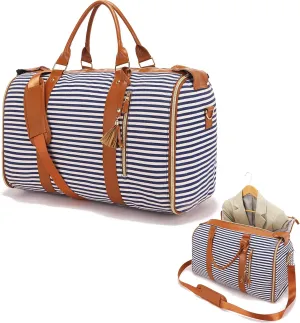Garment Bag for Travel, Large Canvas Stripes Duffle Bag for Women Men, Waterproof Garment Bags for Travel with Built-In Shoe Pocket, 3 in 1 Hanging Suitcase Suit Travel Bags, Blue and White Stripes