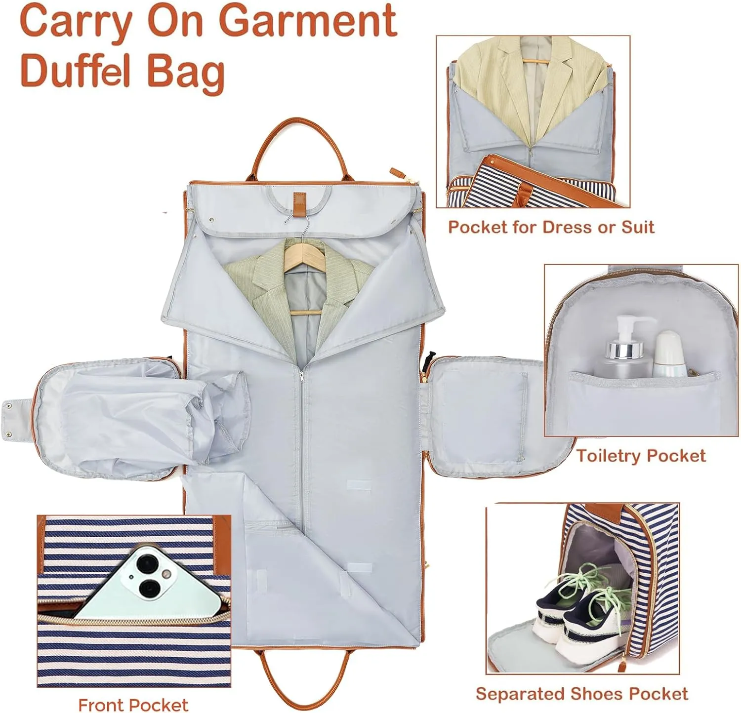 Garment Bag for Travel, Large Canvas Stripes Duffle Bag for Women Men, Waterproof Garment Bags for Travel with Built-In Shoe Pocket, 3 in 1 Hanging Suitcase Suit Travel Bags, Blue and White Stripes