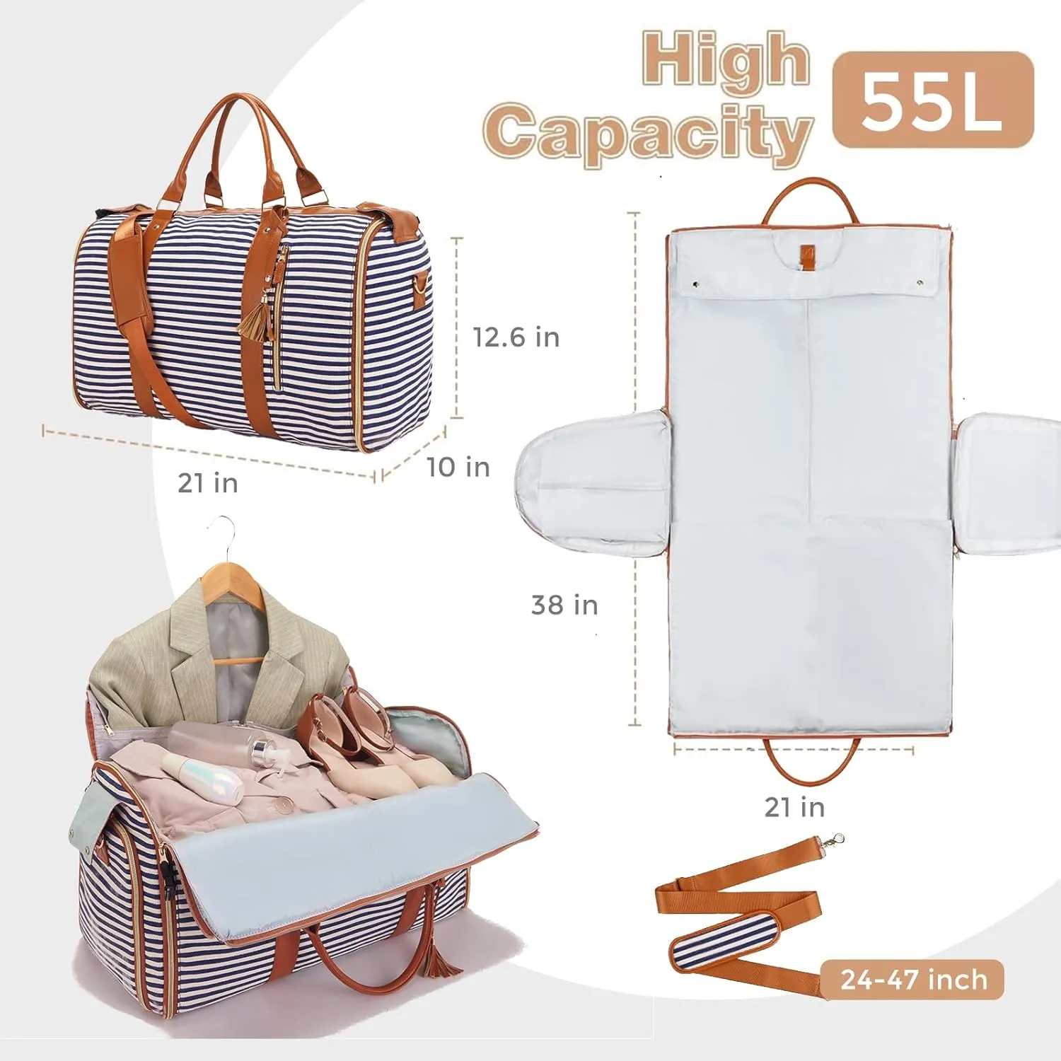 Garment Bag for Travel, Large Canvas Stripes Duffle Bag for Women Men, Waterproof Garment Bags for Travel with Built-In Shoe Pocket, 3 in 1 Hanging Suitcase Suit Travel Bags, Blue and White Stripes