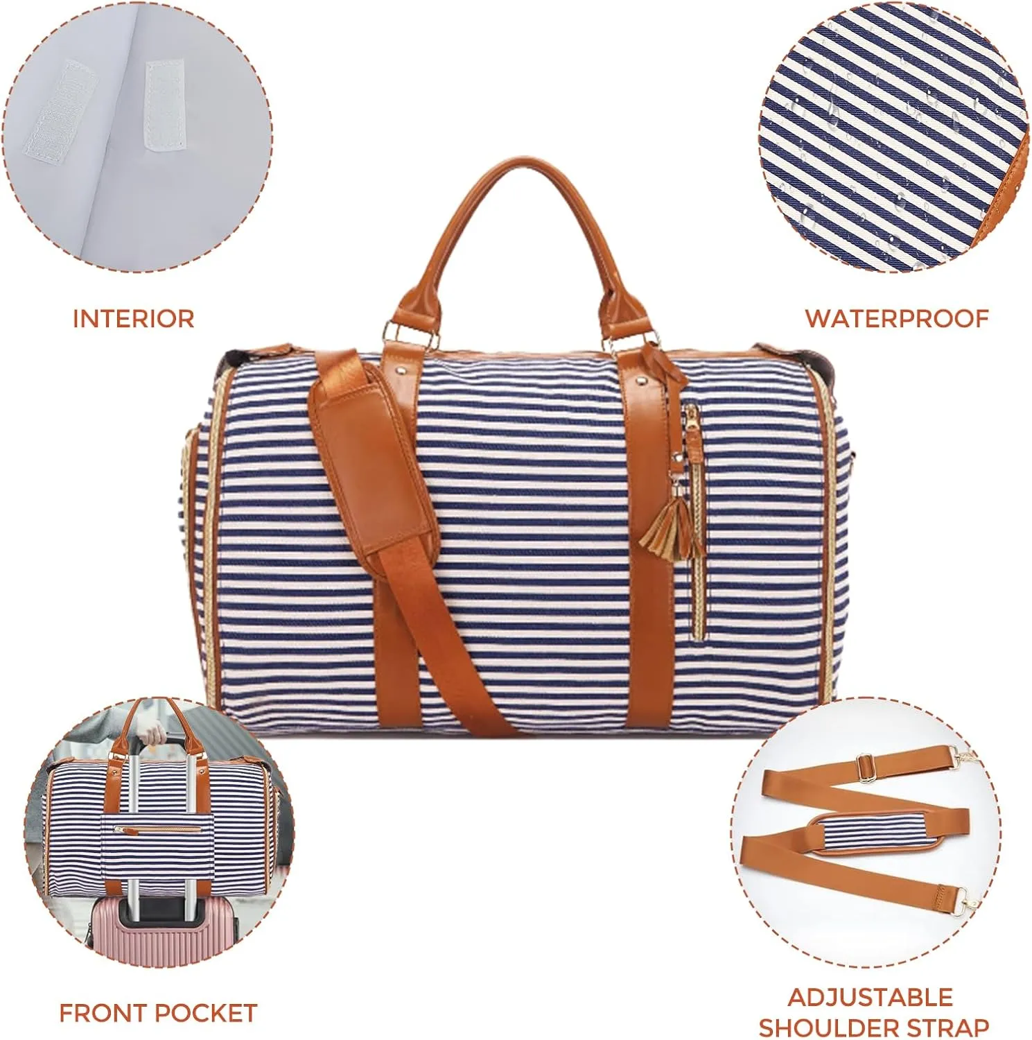 Garment Bag for Travel, Large Canvas Stripes Duffle Bag for Women Men, Waterproof Garment Bags for Travel with Built-In Shoe Pocket, 3 in 1 Hanging Suitcase Suit Travel Bags, Blue and White Stripes