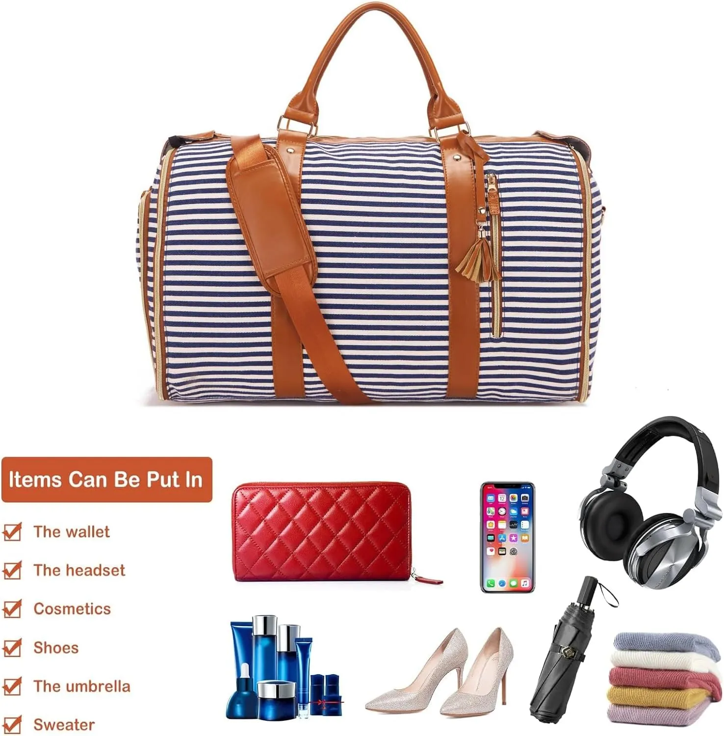 Garment Bag for Travel, Large Canvas Stripes Duffle Bag for Women Men, Waterproof Garment Bags for Travel with Built-In Shoe Pocket, 3 in 1 Hanging Suitcase Suit Travel Bags, Blue and White Stripes
