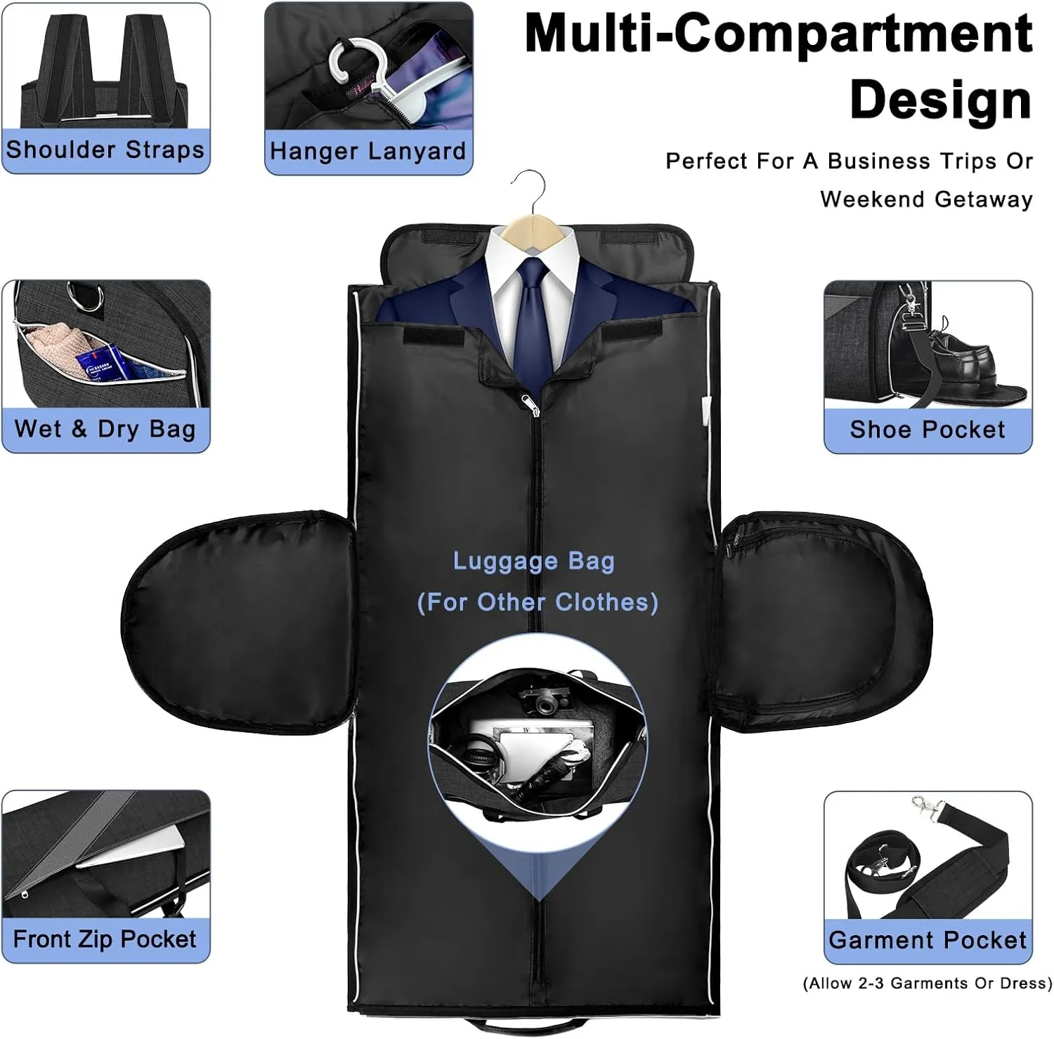 Garment Bag Large Duffel Bag Suit Travel Bag for Travel，Weekend Travel Backpack,Travel Flight Bag with Shoes Pouch for Men Women