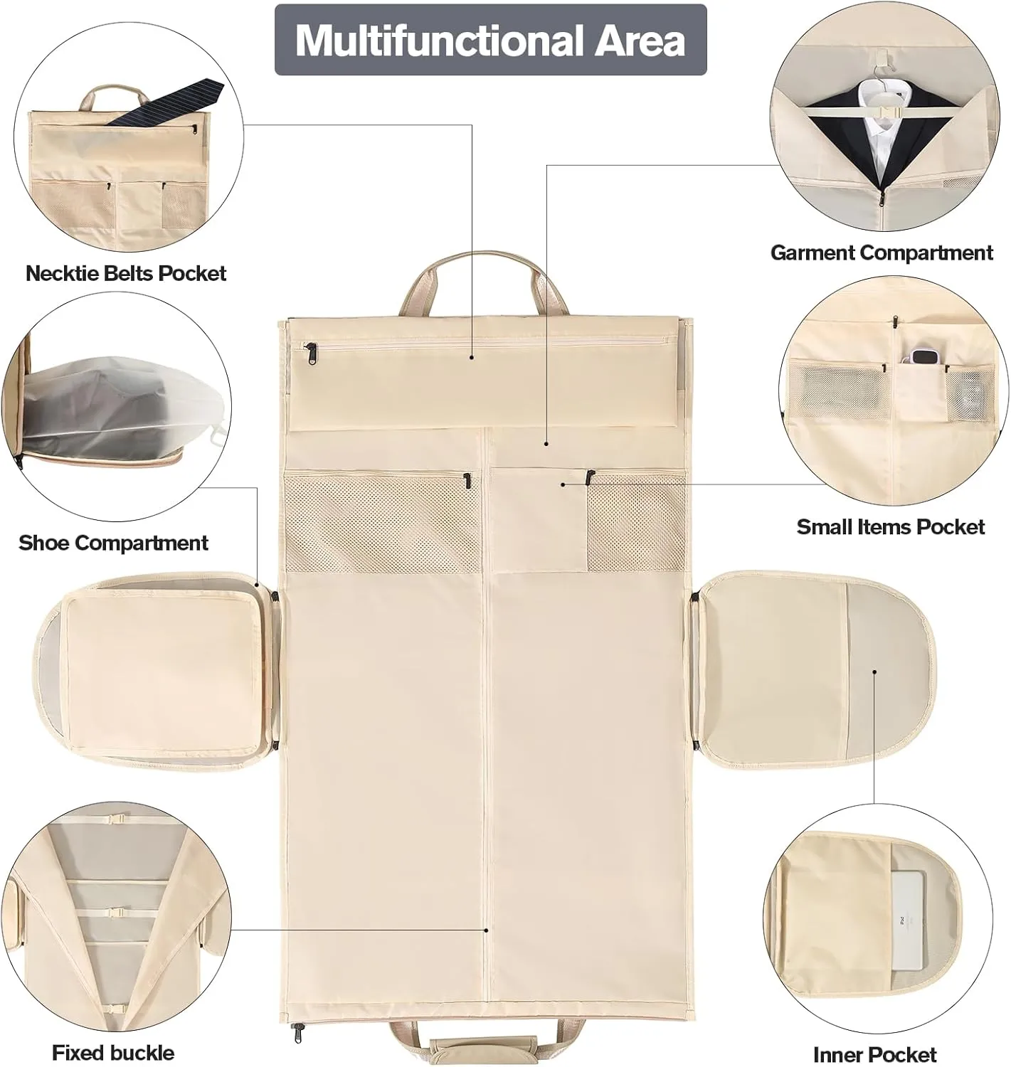 Garment Bags for Travel - Brand Zipper - Water Repellent Garment Bag with Shoe Compartment - 2 in 1 Convertible Suit Bag Travel with Shoe Bags - Medium Khaki