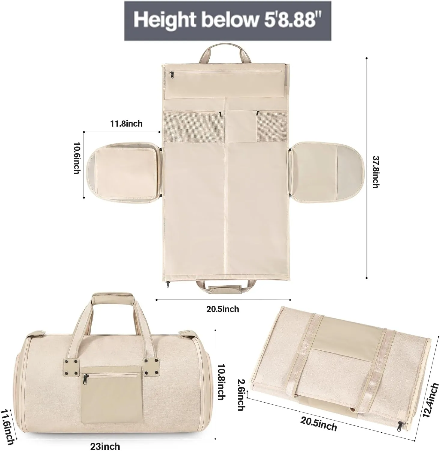 Garment Bags for Travel - Brand Zipper - Water Repellent Garment Bag with Shoe Compartment - 2 in 1 Convertible Suit Bag Travel with Shoe Bags - Medium Khaki