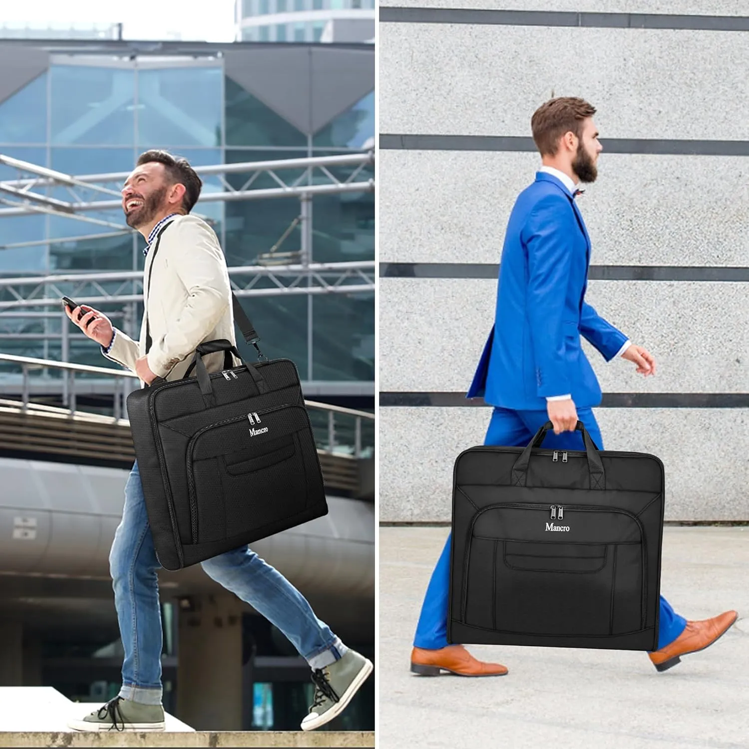 Garment Bags for Travel, Carry On Garment Bag for Business Trips with Shoulder Strap, Mancro Waterproof Foldable Luggage Hanging Suit Bags Gift for Men Women, 2 in 1 Suitcase for Coats, Suits (Black)