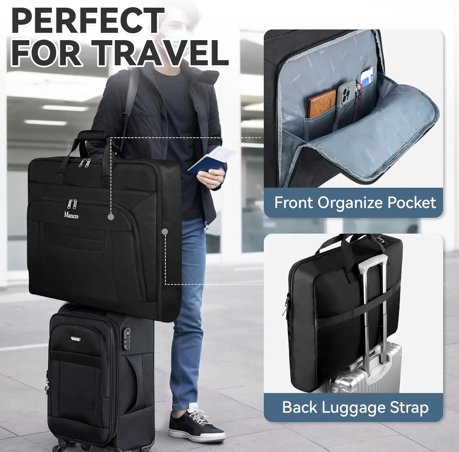 Garment Bags for Travel, Carry On Garment Bag for Business Trips with Shoulder Strap, Mancro Waterproof Foldable Luggage Hanging Suit Bags Gift for Men Women, 2 in 1 Suitcase for Coats, Suits (Black)