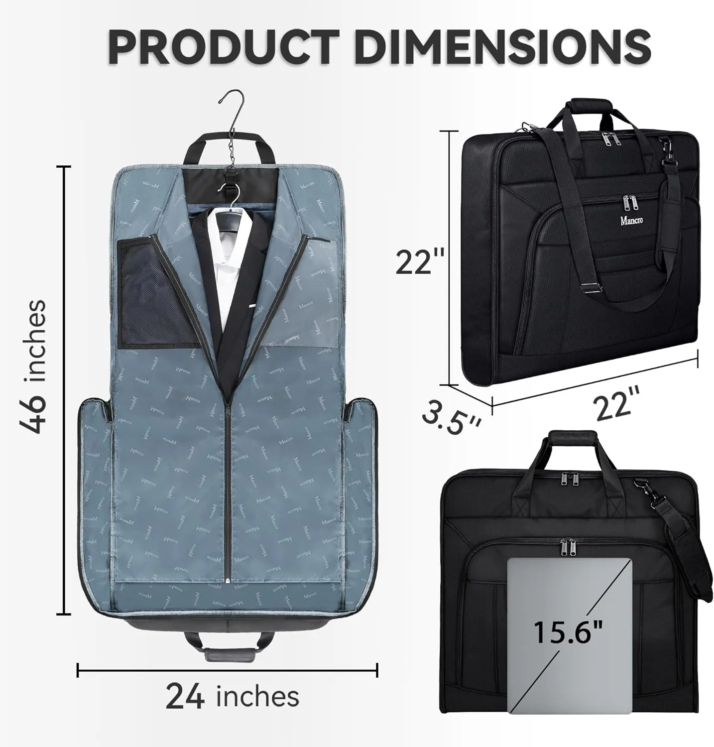 Garment Bags for Travel, Carry On Garment Bag for Business Trips with Shoulder Strap, Mancro Waterproof Foldable Luggage Hanging Suit Bags Gift for Men Women, 2 in 1 Suitcase for Coats, Suits (Black)