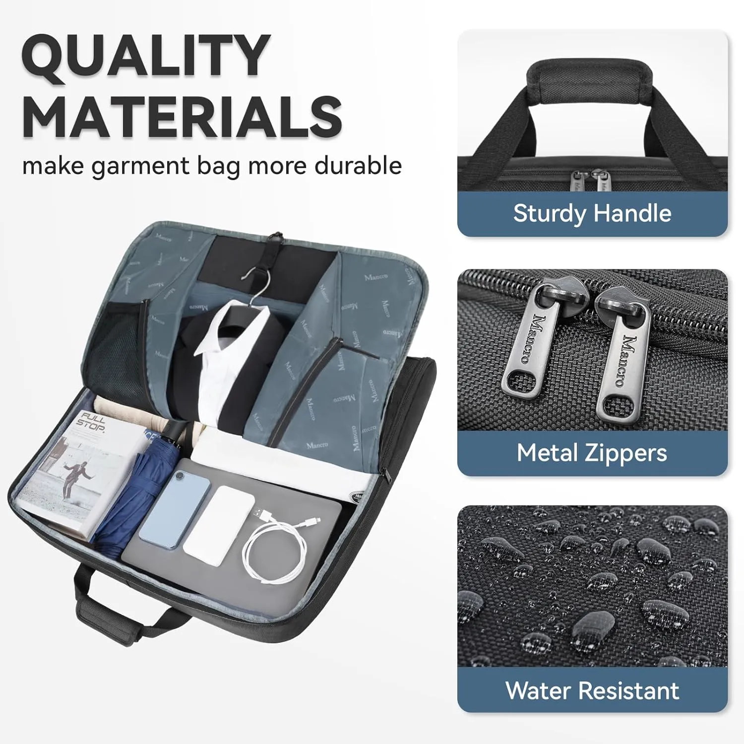 Garment Bags for Travel, Carry On Garment Bag for Business Trips with Shoulder Strap, Mancro Waterproof Foldable Luggage Hanging Suit Bags Gift for Men Women, 2 in 1 Suitcase for Coats, Suits (Black)